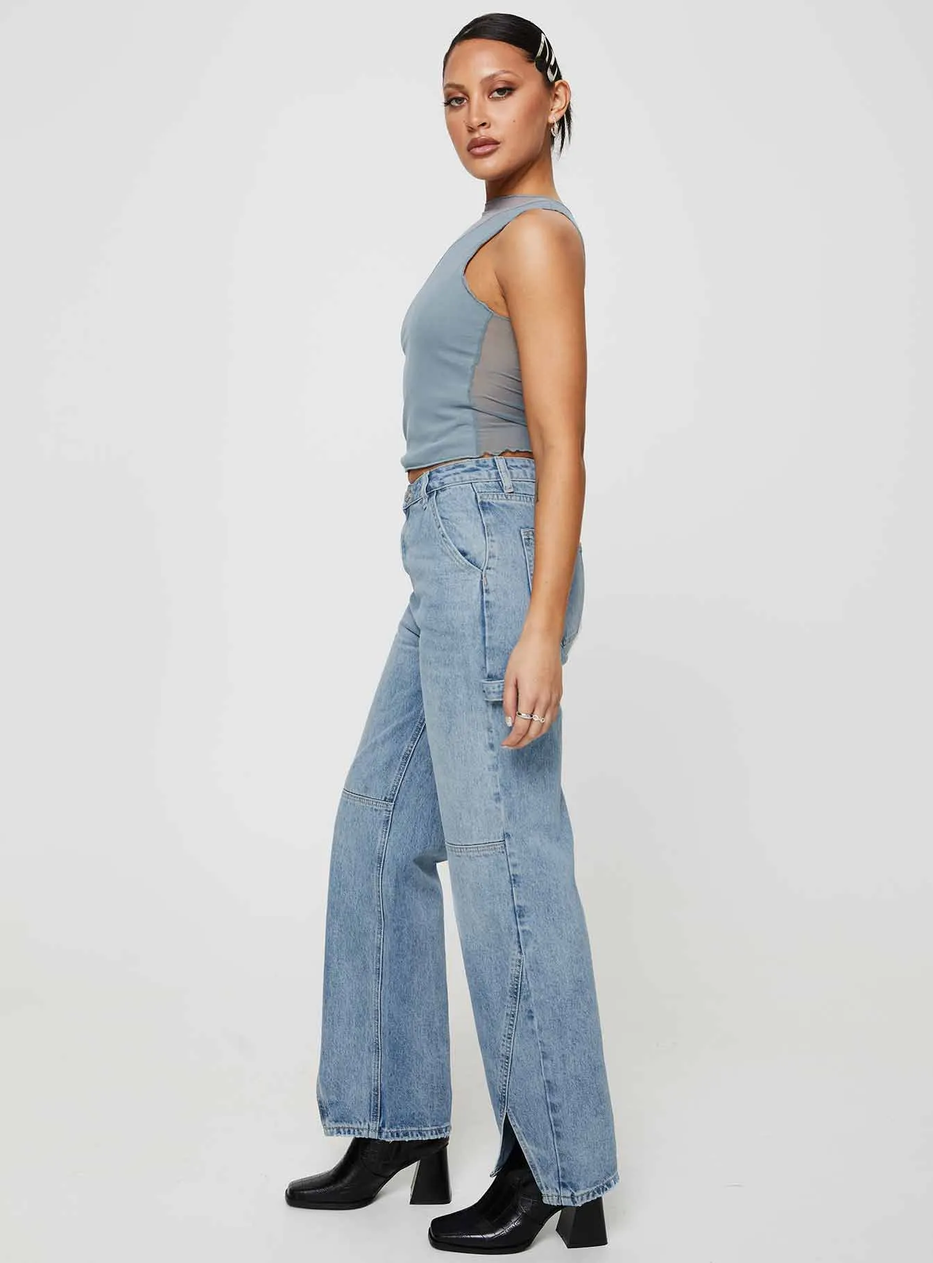 Rihanna Split Hem Jeans Mid Blue Casual Outfit Flexible Style