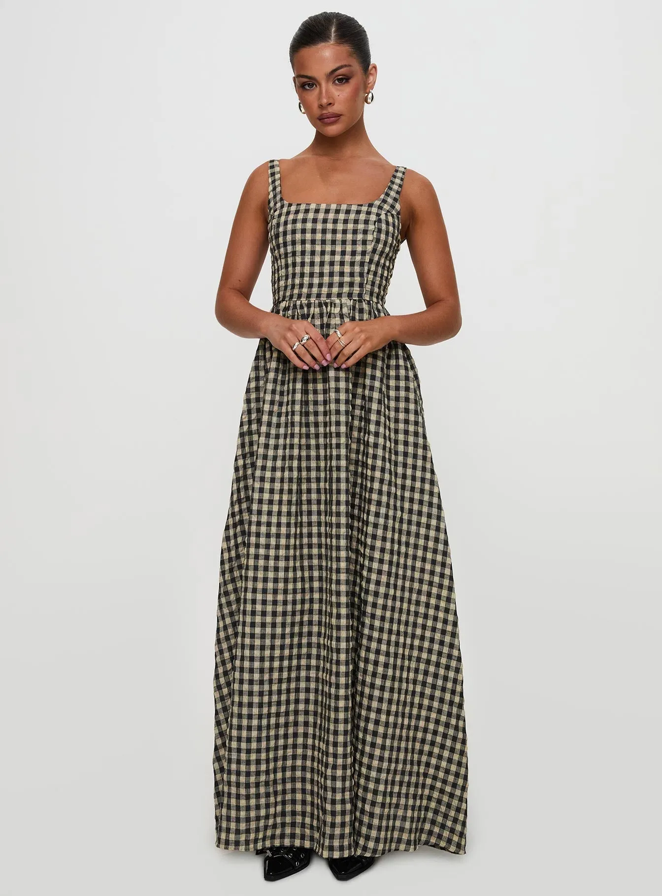 Flame Glow Cotton Shade Cartmel Check Maxi Dress Black / Cream