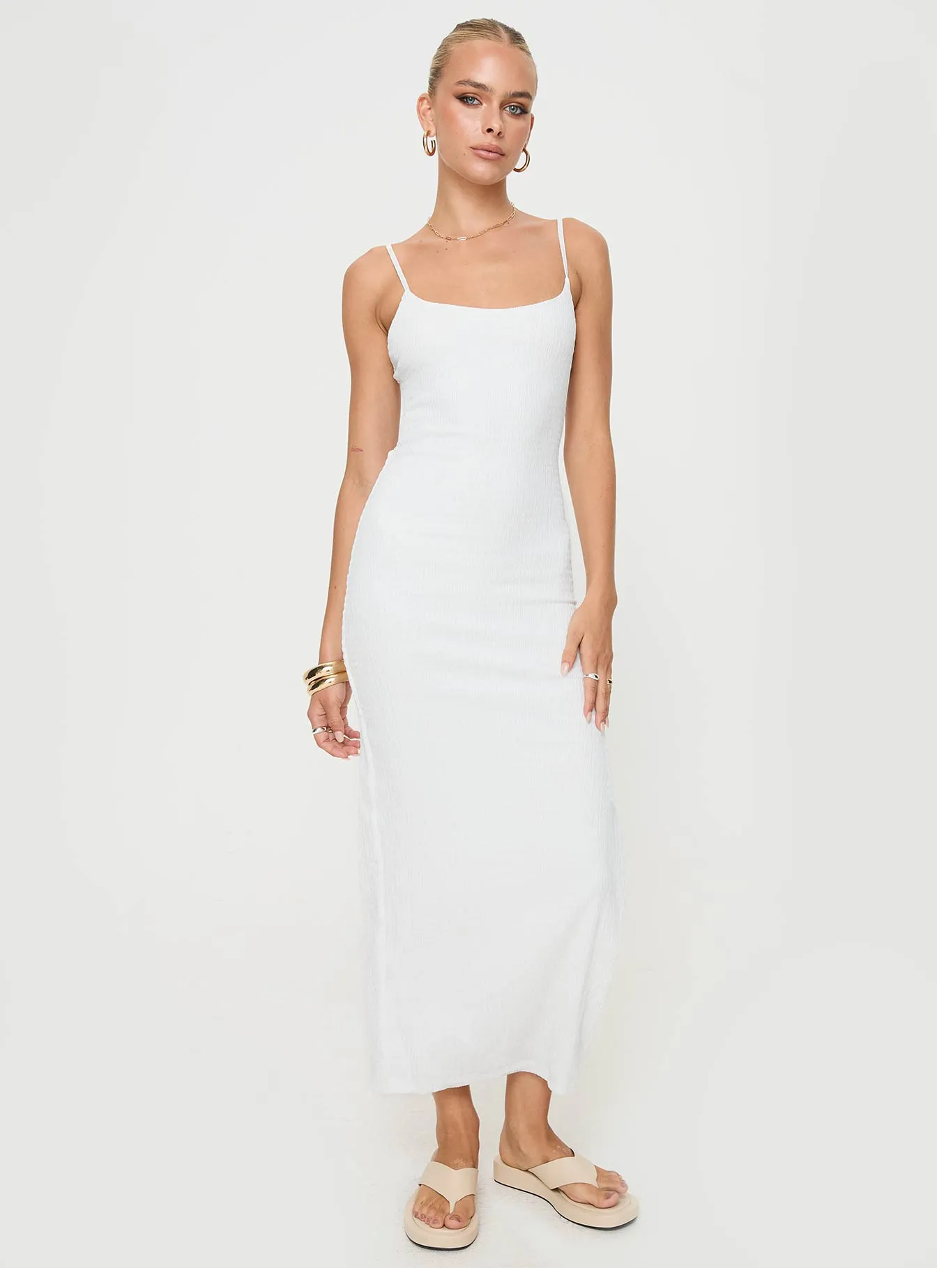 Elestria Maxi Dress White Belt Tie Still Lake