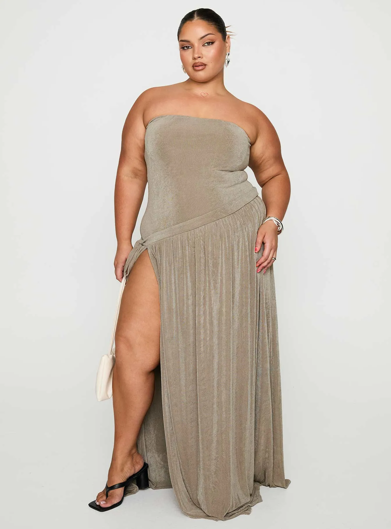 Grace Flow Stone Glow Inka Strapless Maxi Dress Taupe Curve