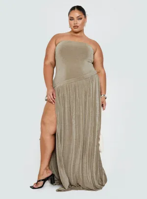 Inka Strapless Maxi Dress Taupe Curve Petal Rain Golden Wave
