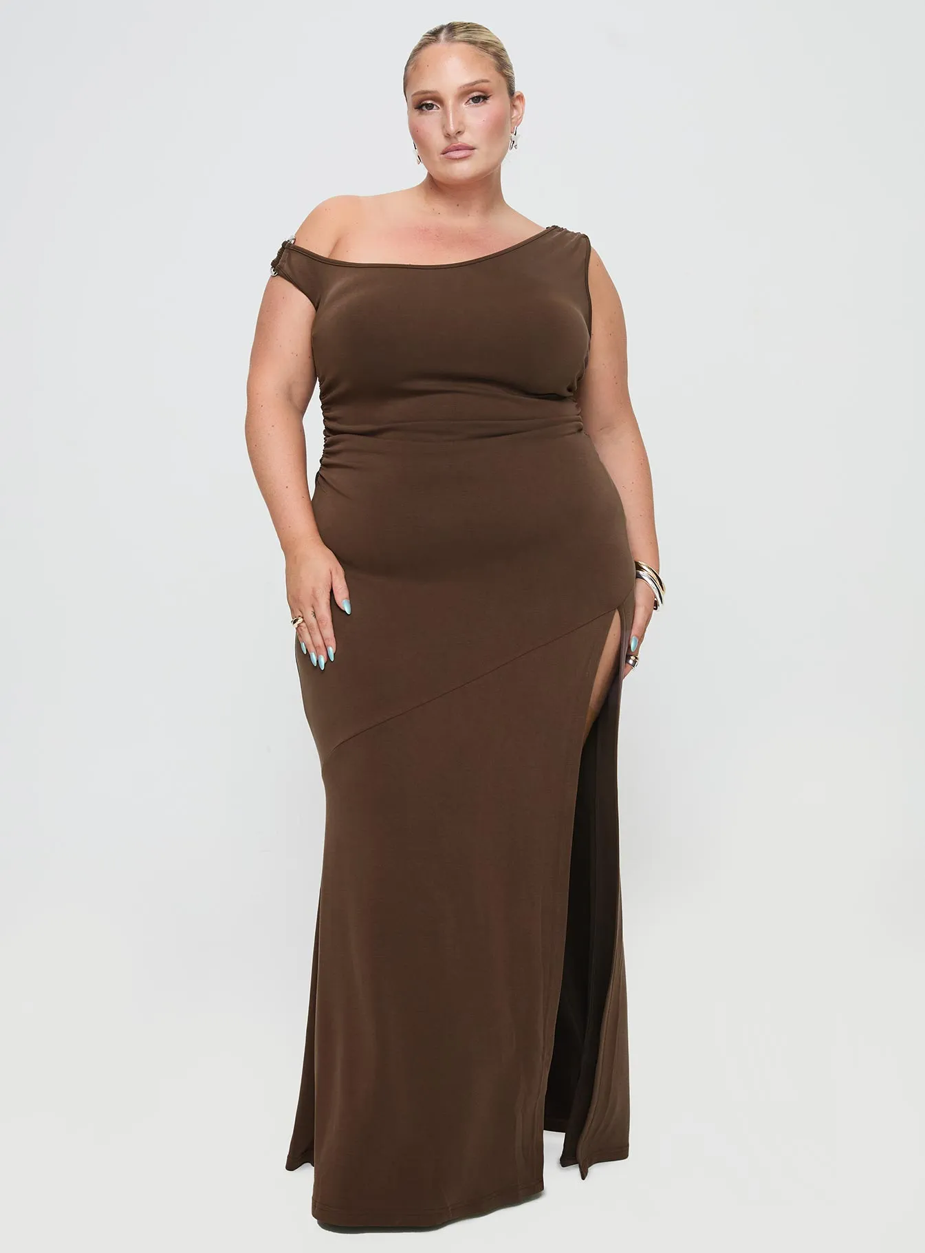 Rios One Shoulder Maxi Dress Brown Curve Poplin Smooth