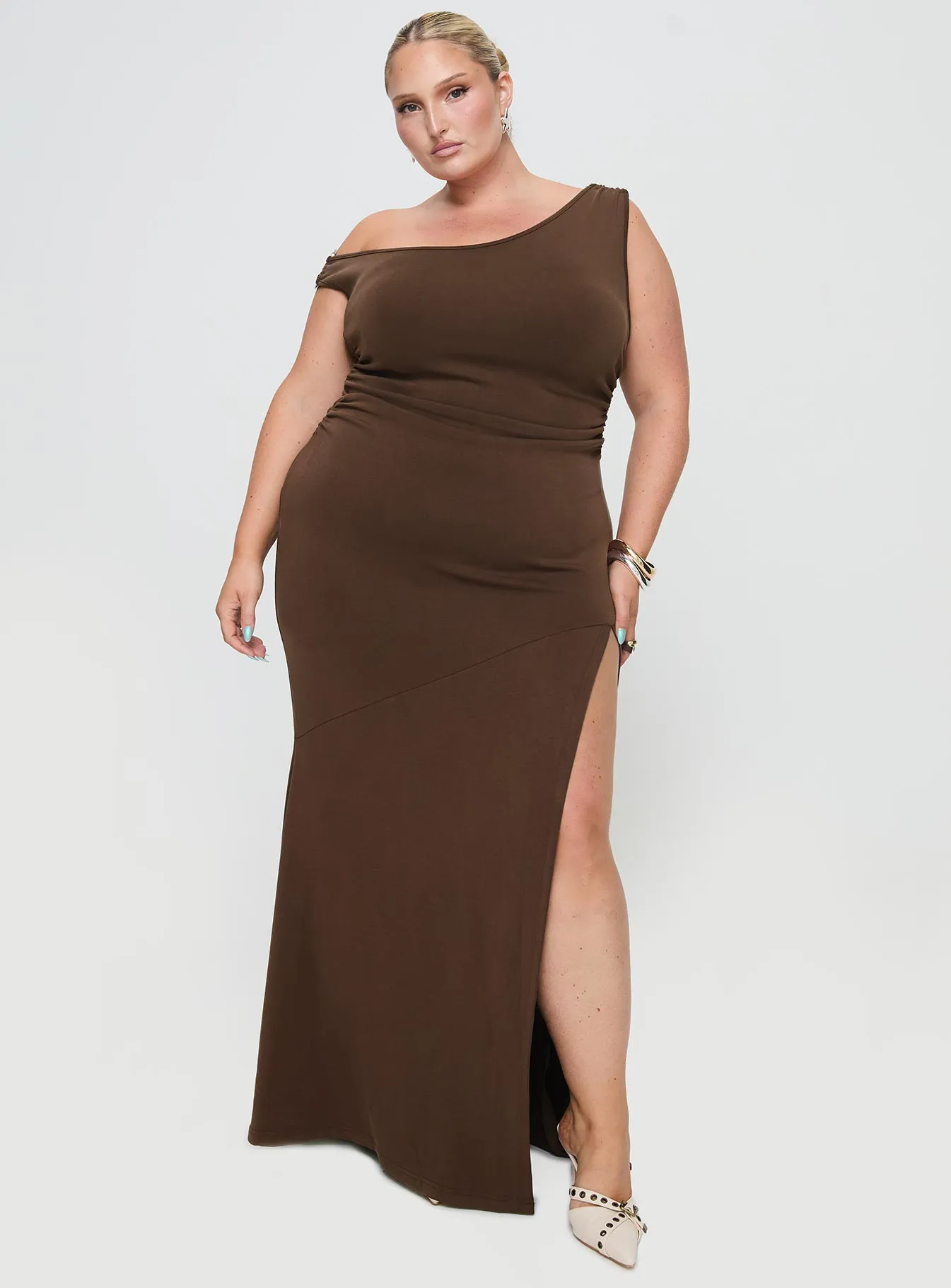 Rios One Shoulder Maxi Dress Brown Curve Delicate formal gown