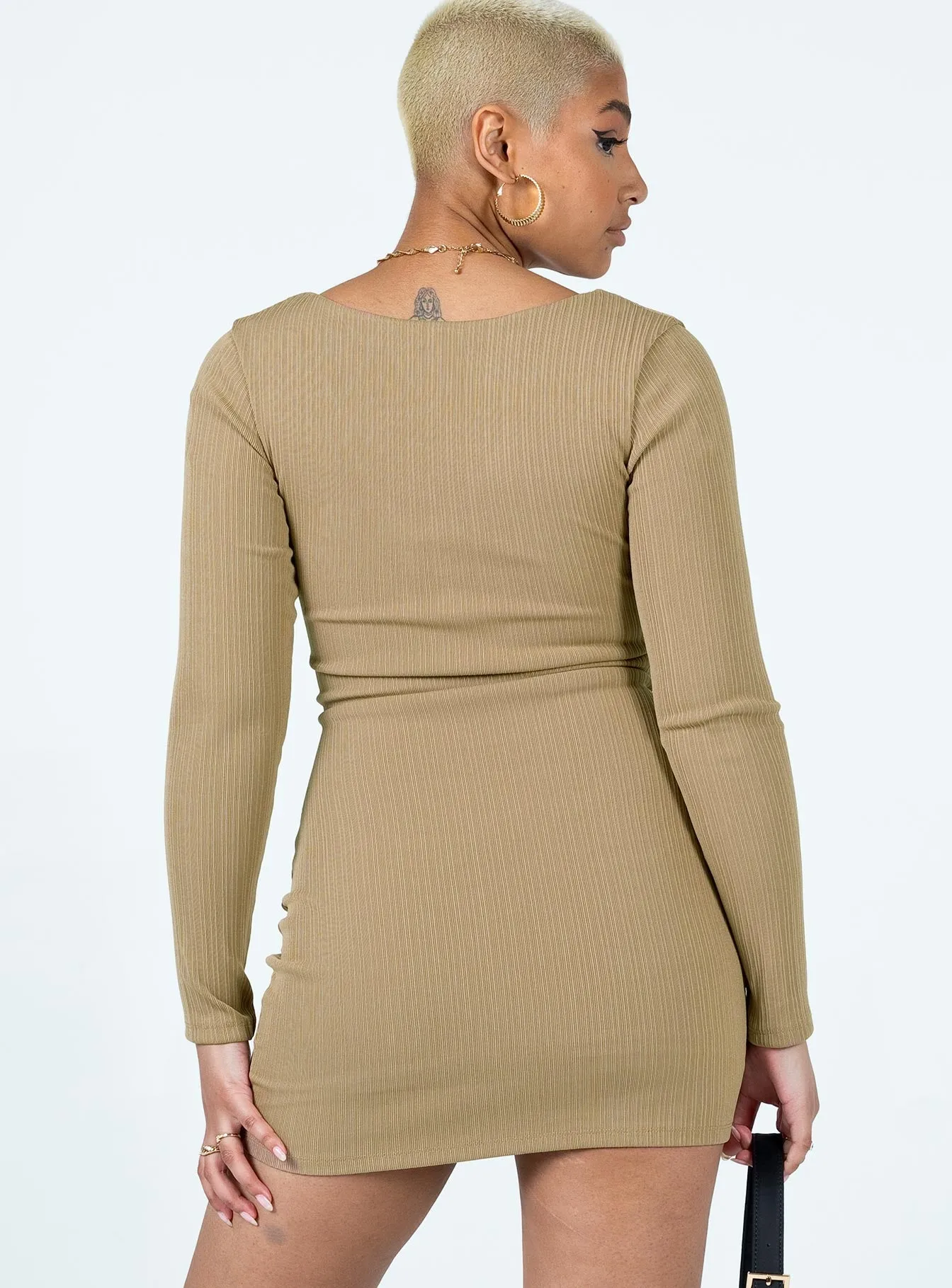 Trina Long Sleeve Mini Dress Beige Soft Touch Trendy Vibe