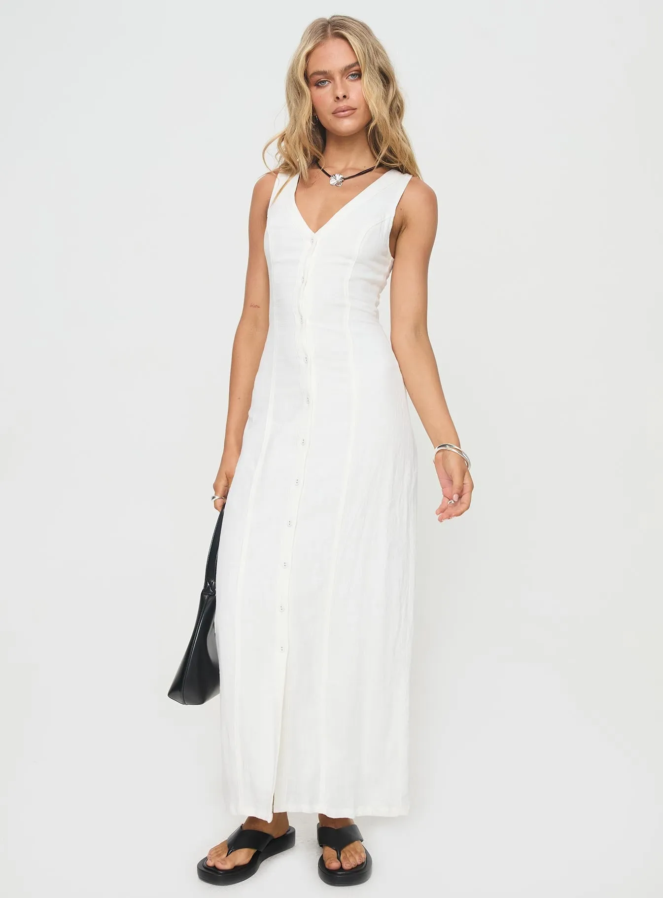 Muslin Glow Ribbon Work Summer Season Linen Blend Maxi Dress White