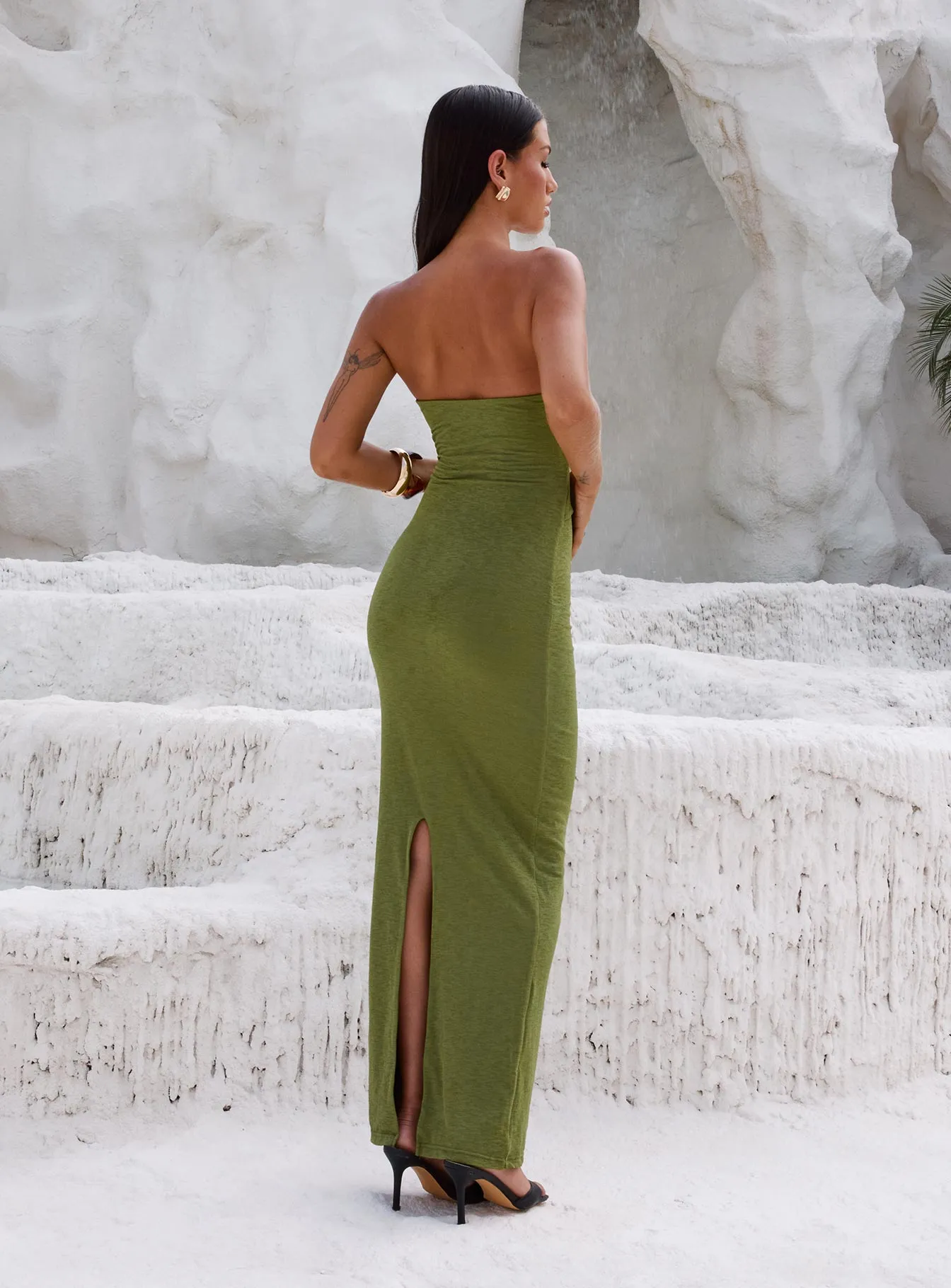 This maxi dress can easily transition from day to night with minimal effort Nika Strapless Maxi Dress Green