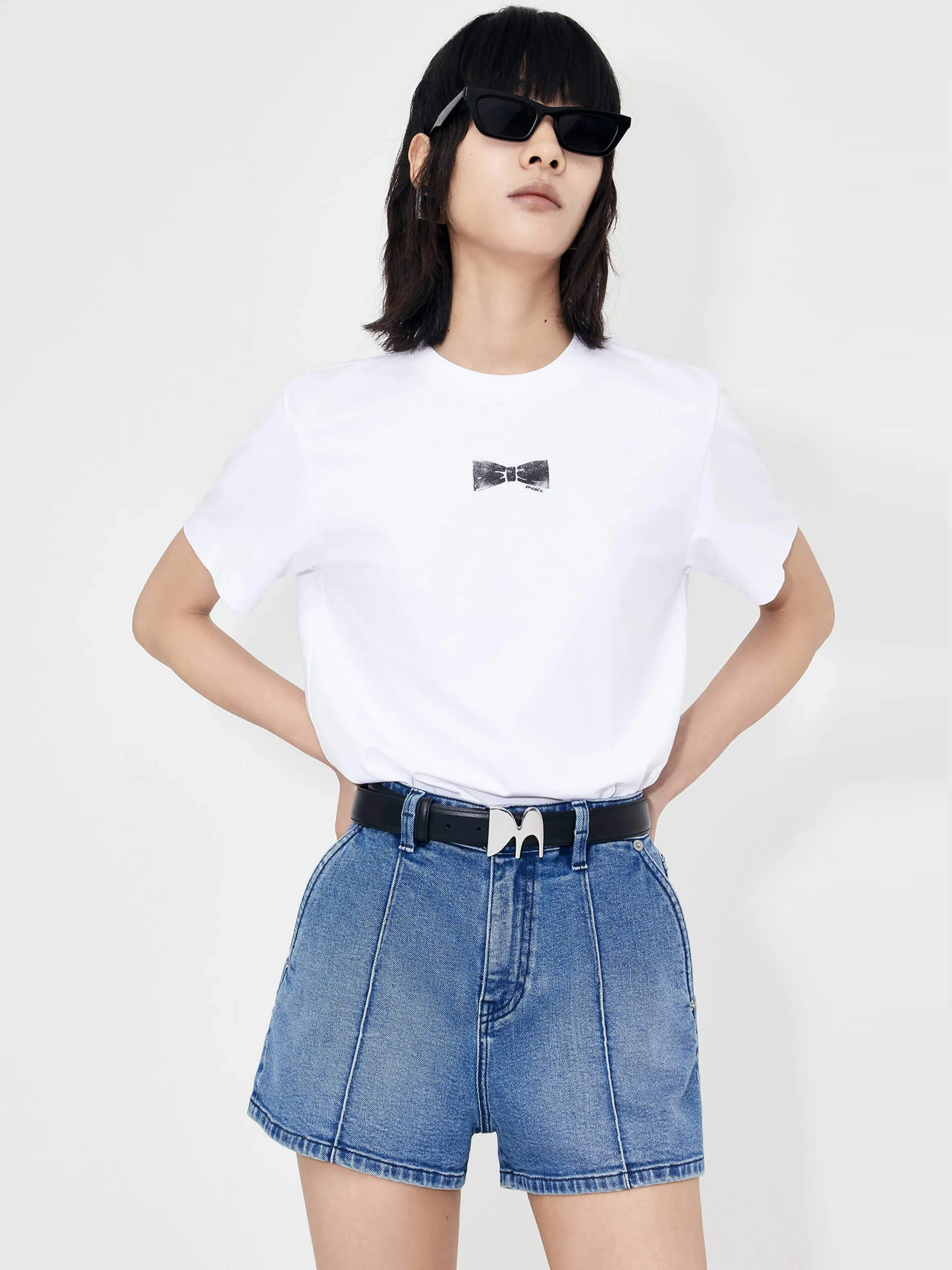 VintageWash color blocking Bowknot Pattern Cotton Blend T-Shirt