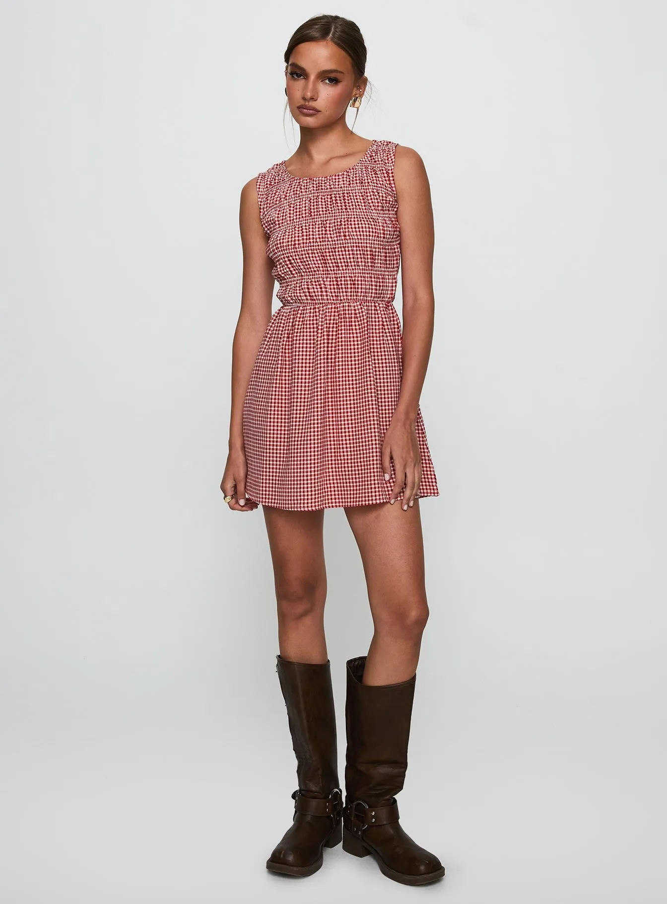Winxie Shirred Mini Dress Red Gingham Layer Free