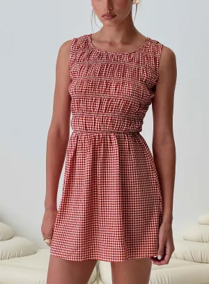 Winxie Shirred Mini Dress Red Gingham Cozy Fashion Wear Figure Pop
