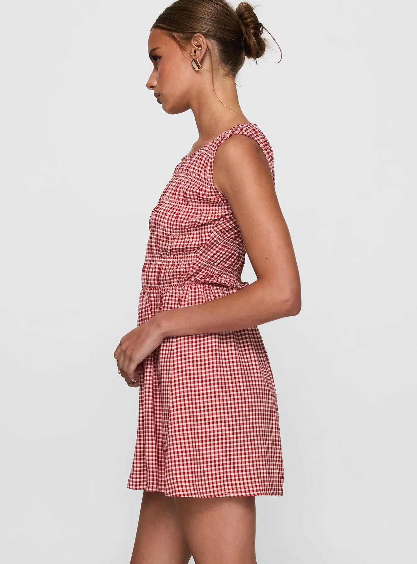 Winxie Shirred Mini Dress Red Gingham Easy-to-wear mini gown