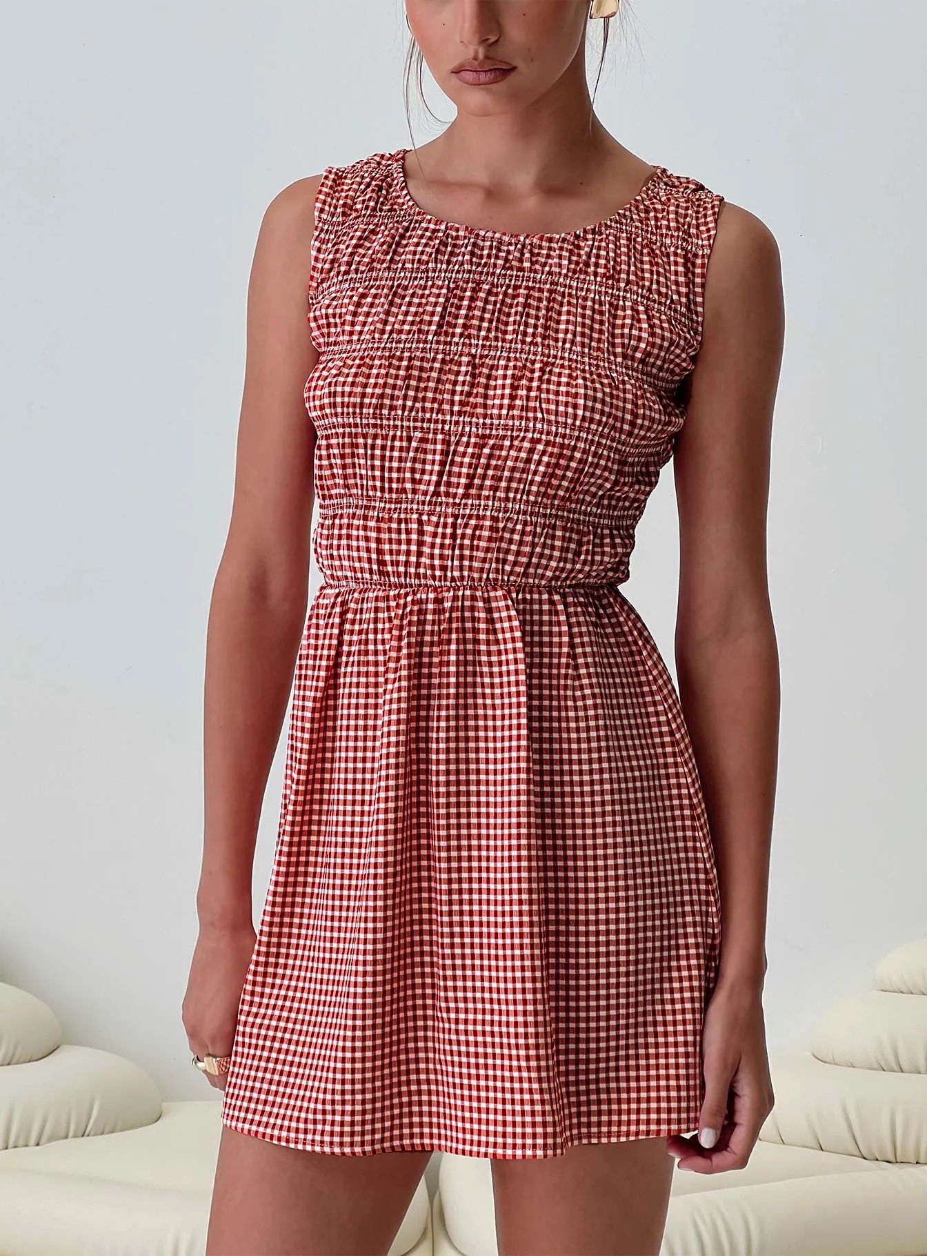 Winxie Shirred Mini Dress Red Gingham Cozy Fashion Wear Figure Pop