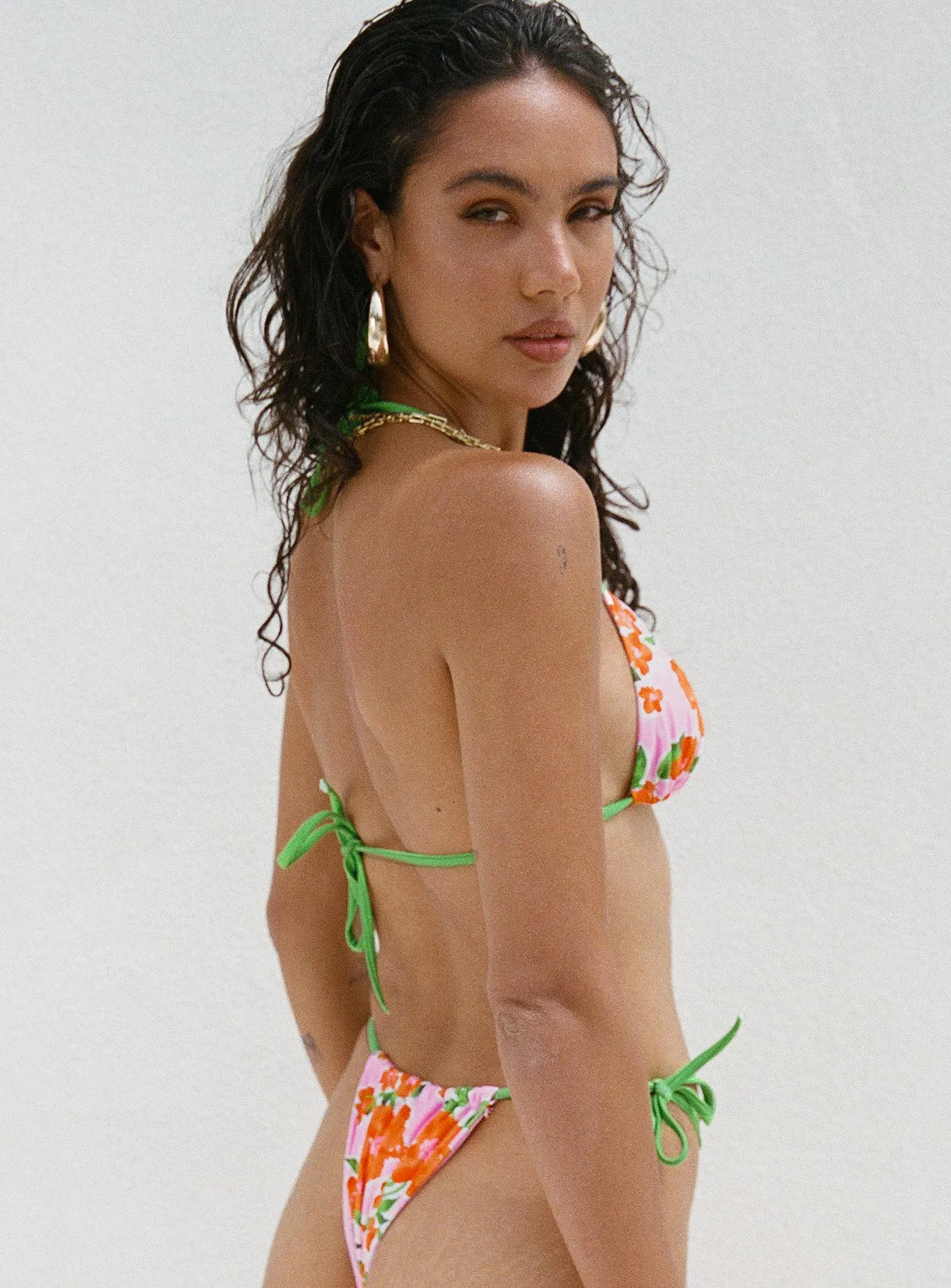 Jenner Triangle Bikini Top Green / Pink Floral Breathable Inner Layer