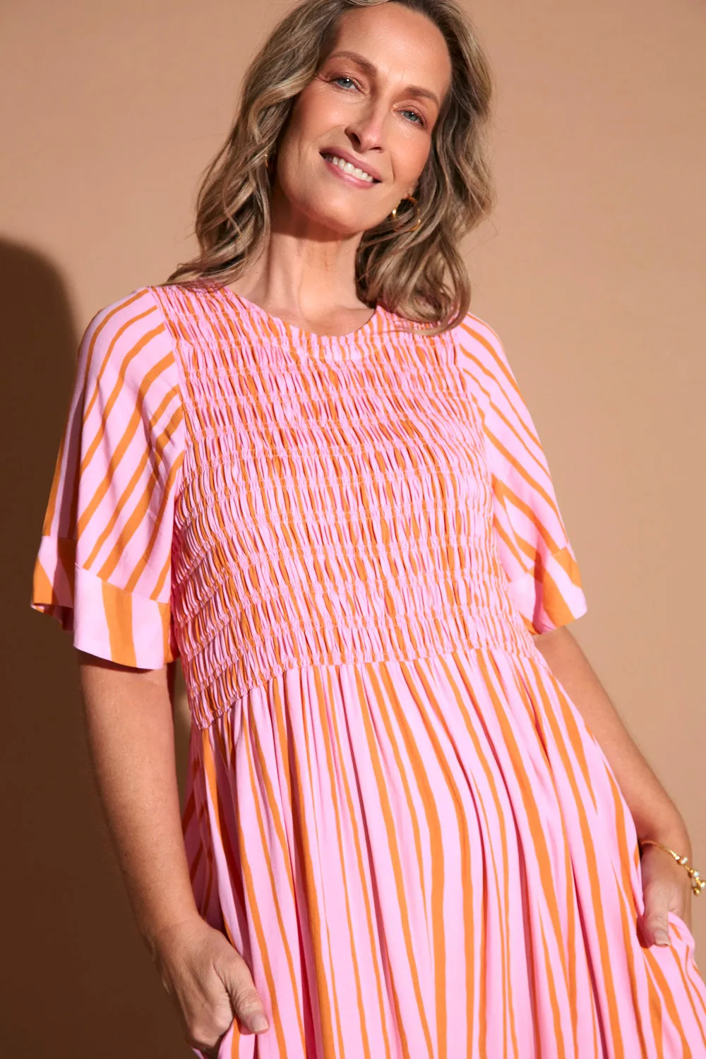 Elegant Mom Minden Shirred Dress in Coral Spring