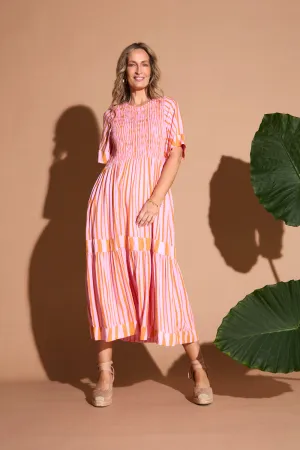 Machine washable Minden Shirred Dress in Coral Spring