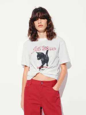 Chic Outfit Non Irritating Tags Cat Printed Round Neck T-shirt