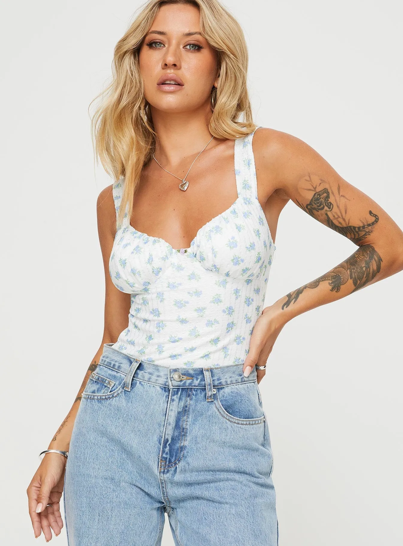 Wedding Slim Lupton Bodysuit White / Blue Floral