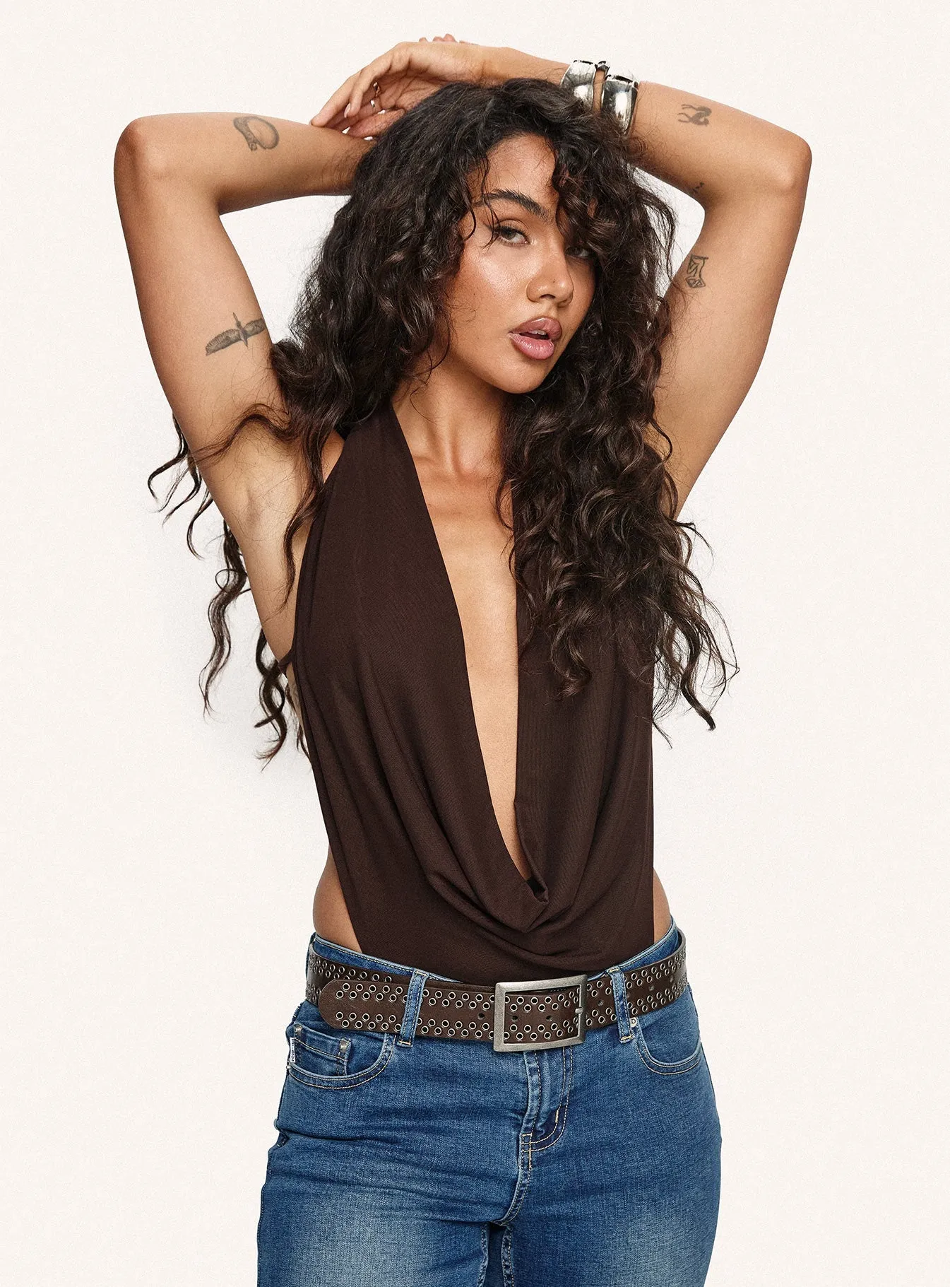 Quinna Plunge Neck Backless Bodysuit Chocolate Unique Singer Premium Training