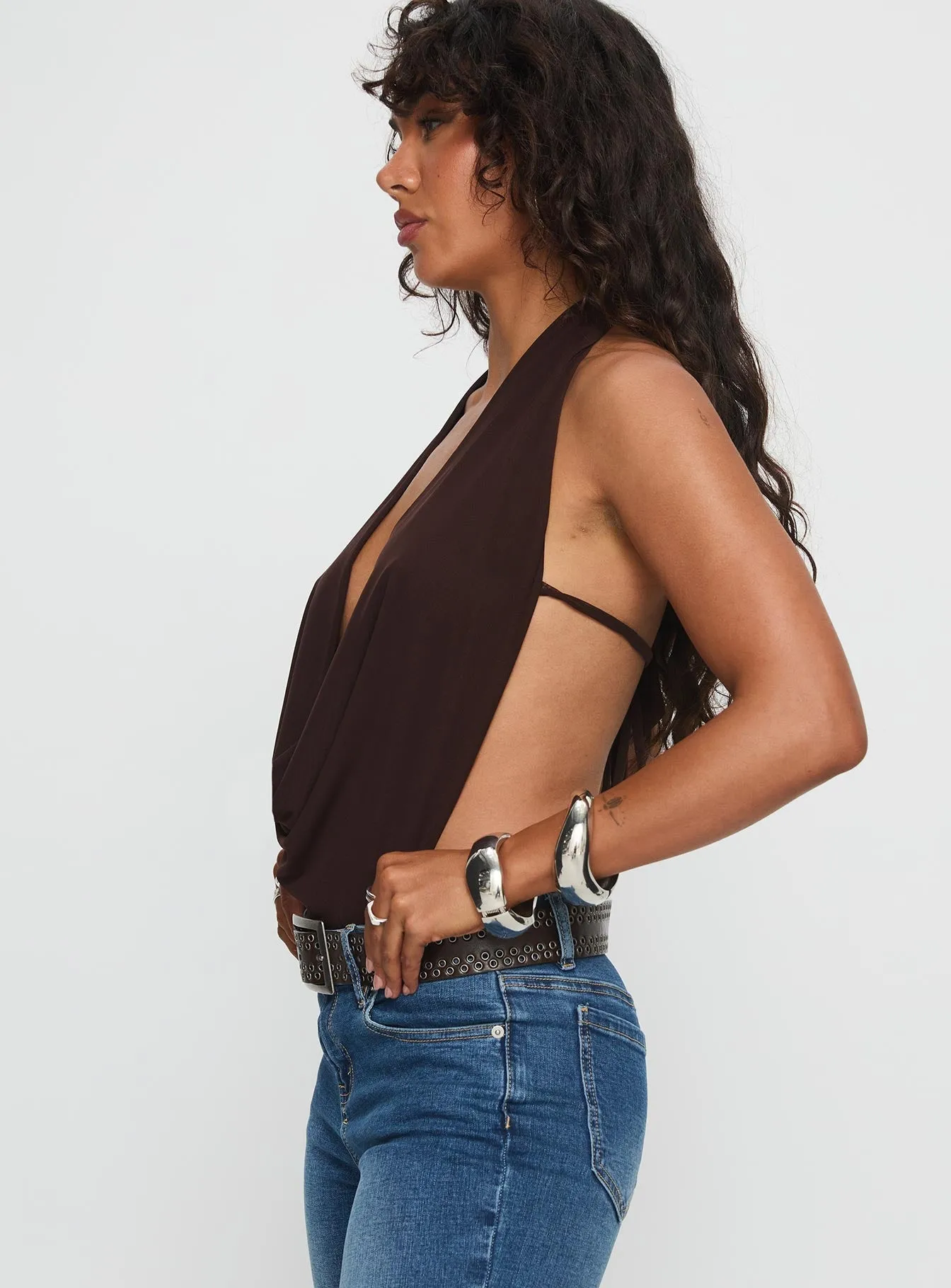 Loose Versatile Quinna Plunge Neck Backless Bodysuit Chocolate