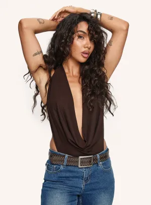 Quinna Plunge Neck Backless Bodysuit Chocolate Unique Singer Premium Training