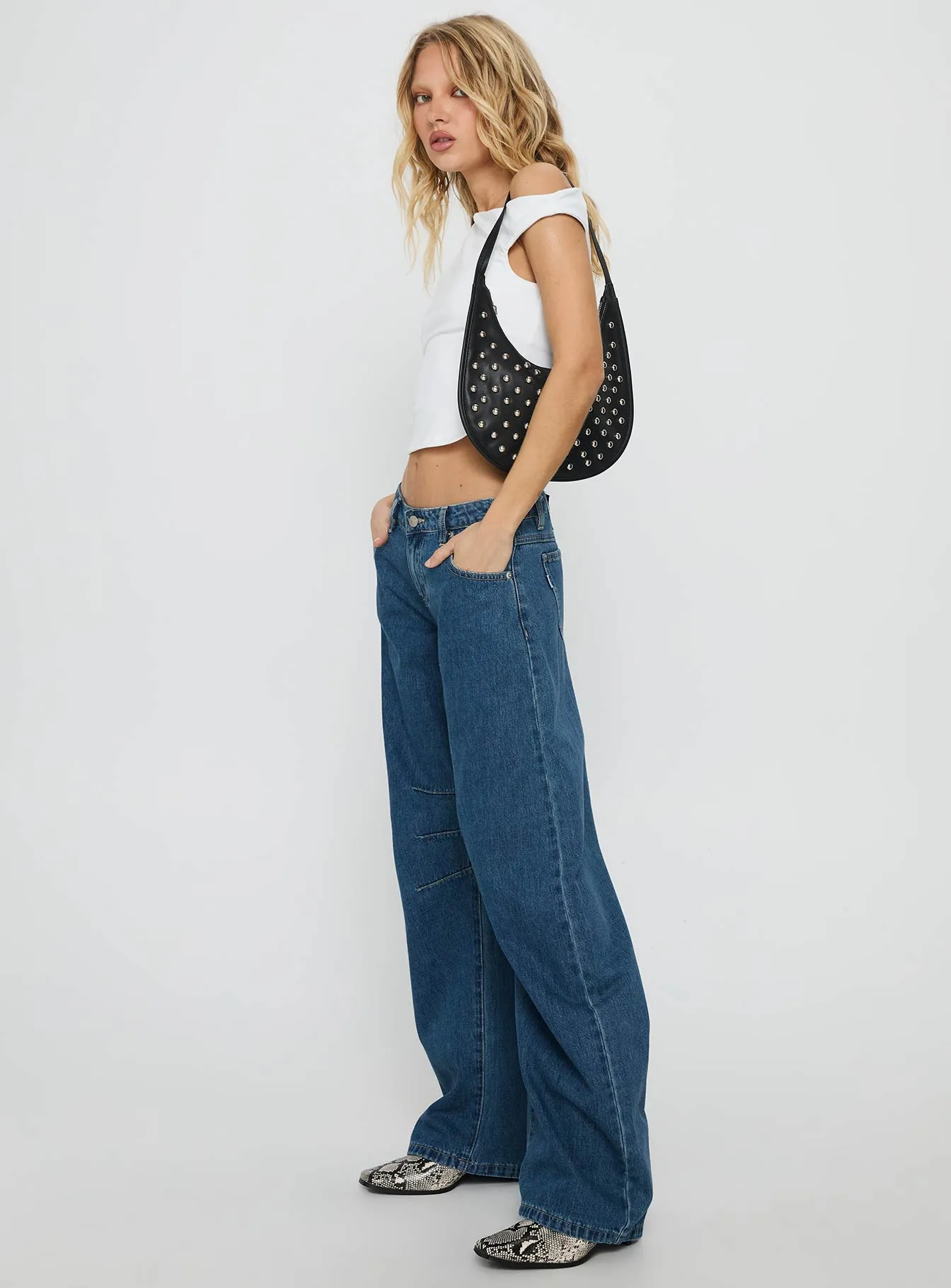 Tippie Low Rise Barrel Leg Jeans Mid Wash Low Maintenance Fabric