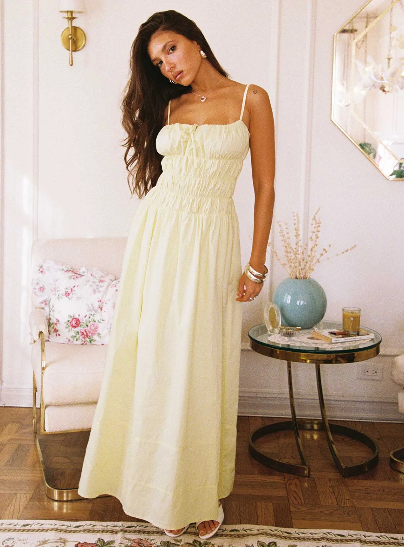 Loralei Shirred Maxi Dress Yellow Elegant high-waist gown