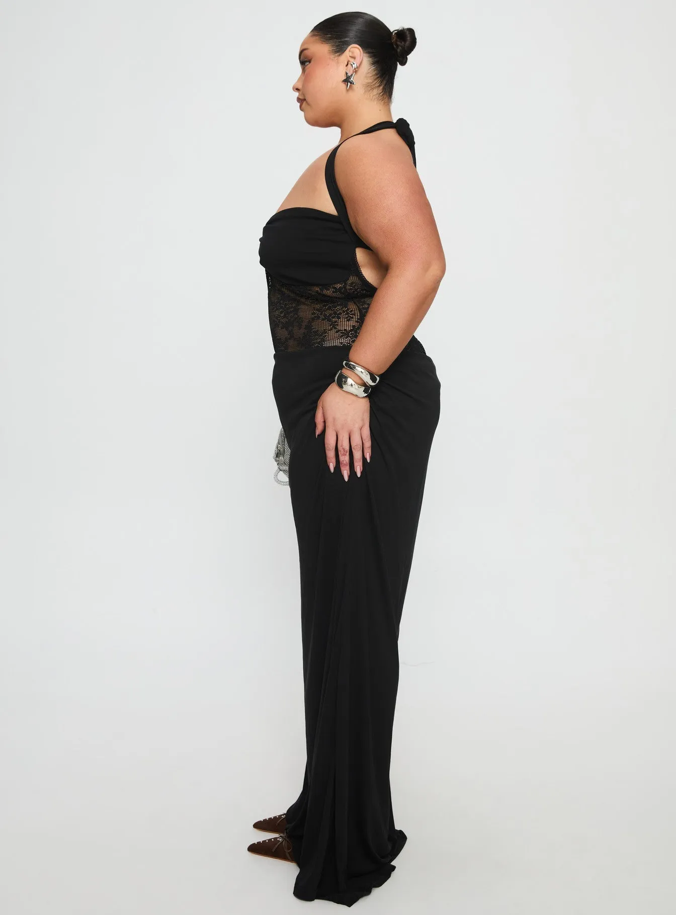 Adalyne Lace Halter Maxi Dress Black Curve Breezy resort wear The simple yet refined design of this dress makes it easy to pair with different accessories
