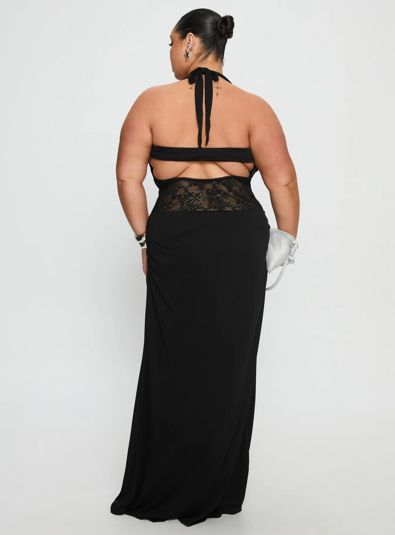 Adalyne Lace Halter Maxi Dress Black Curve Calm Mind Platinum Glow
