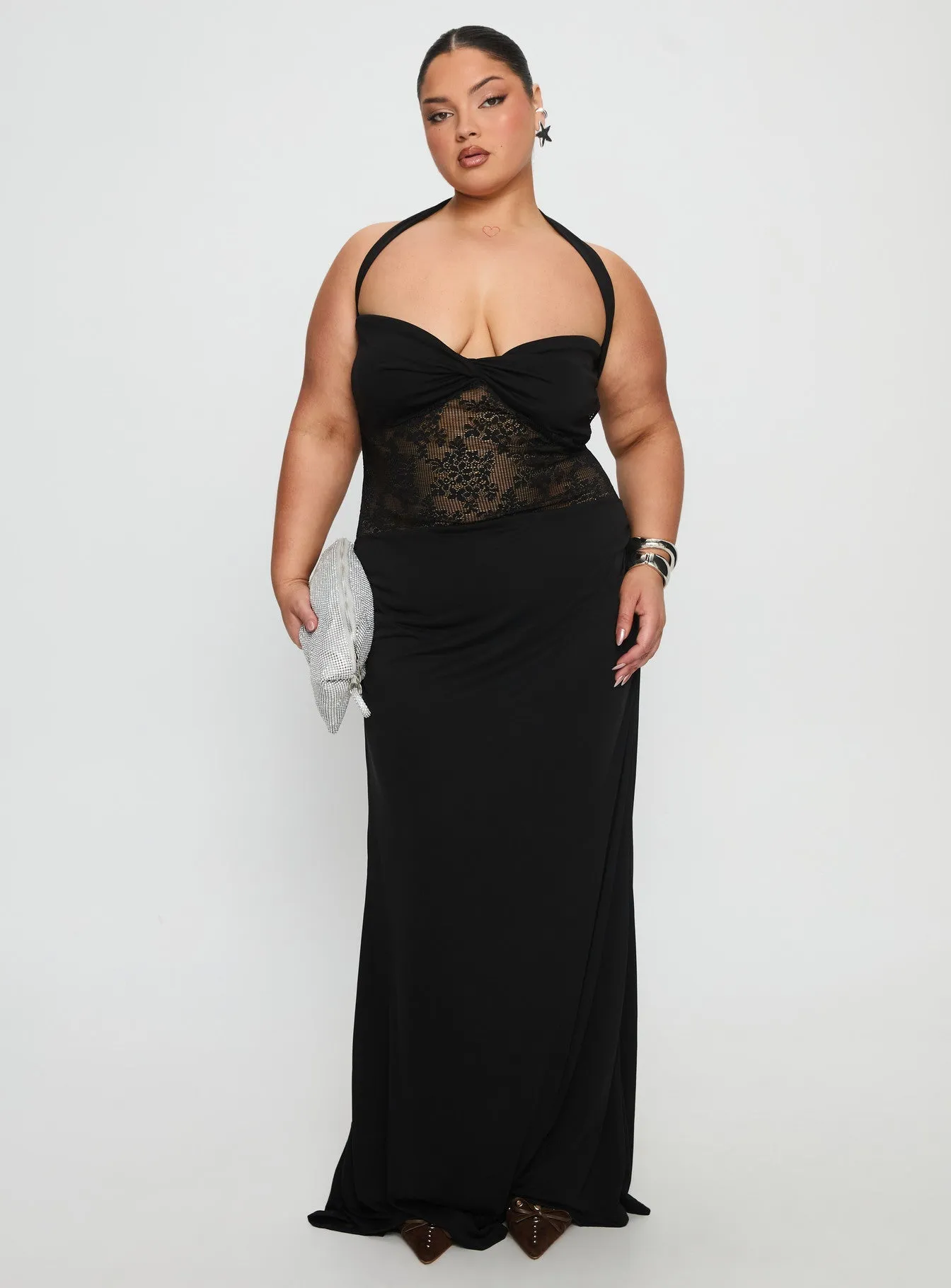 Adalyne Lace Halter Maxi Dress Black Curve The elegant design of this maxi dress adds a refined touch to your wardrobe without being overly complicated
