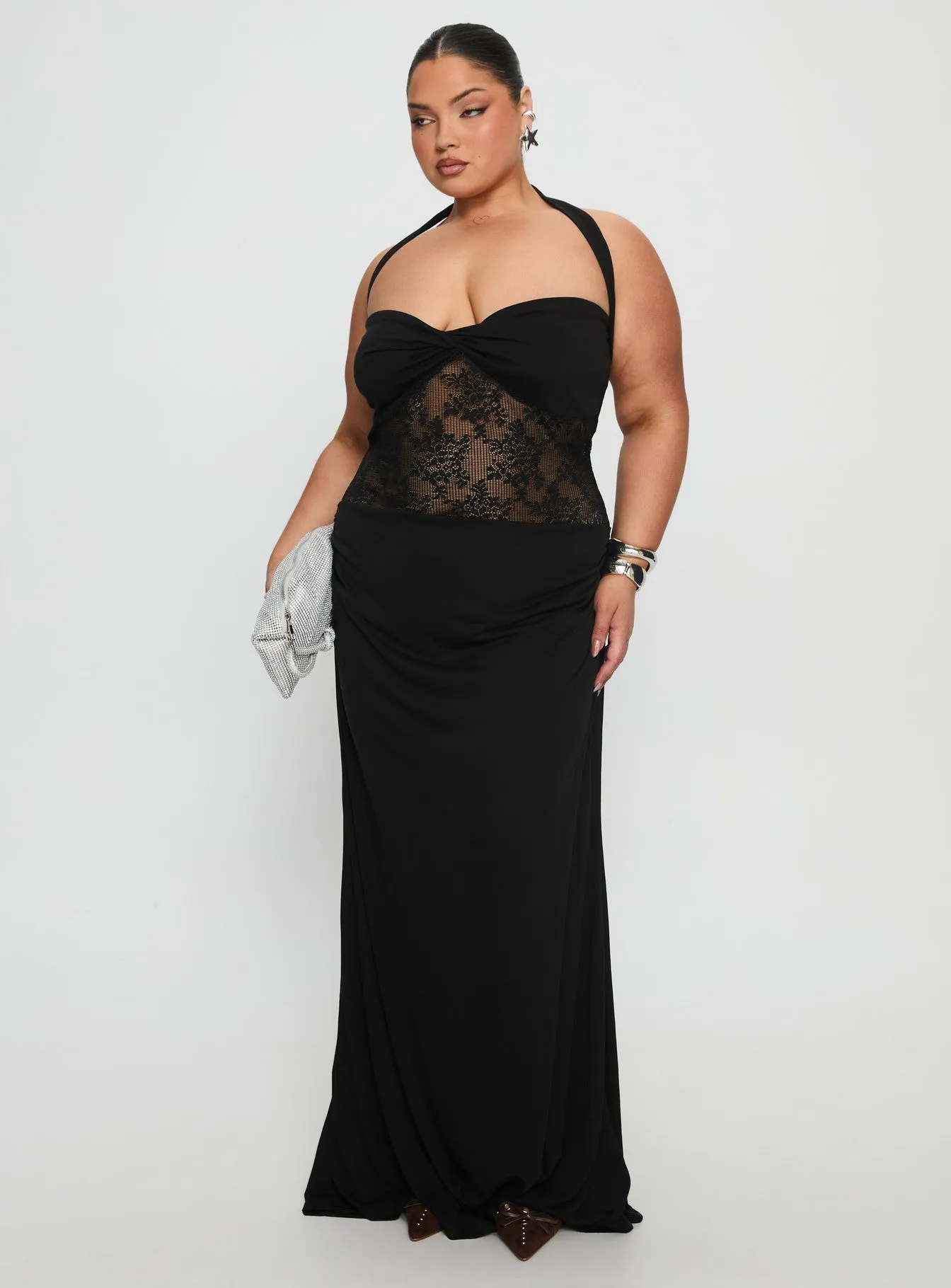 Adalyne Lace Halter Maxi Dress Black Curve The sleek lines of this maxi dress create a flattering and elegant look for any event