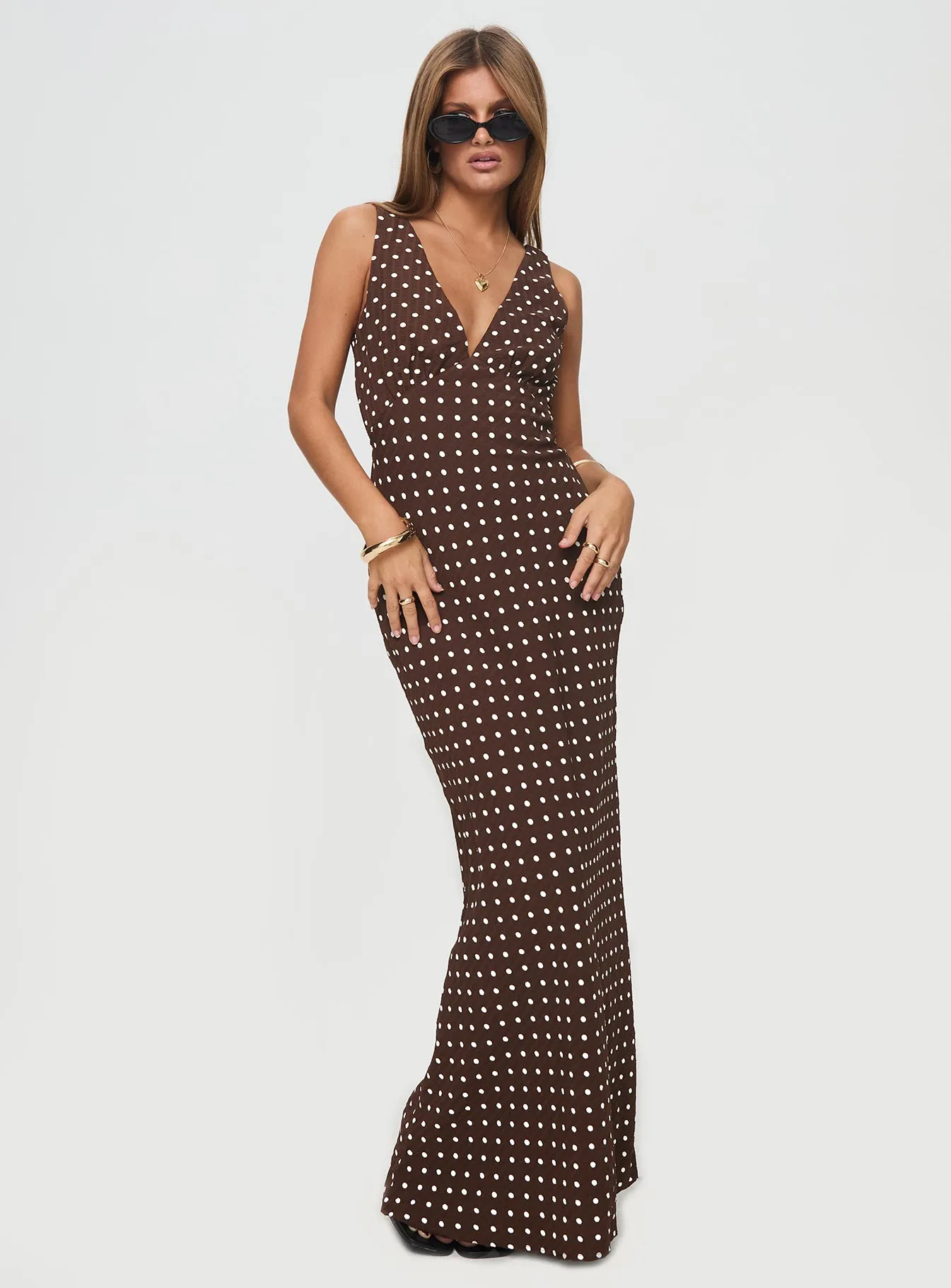 Nellie Maxi Dress Brown Polka Dot Suede Touch
