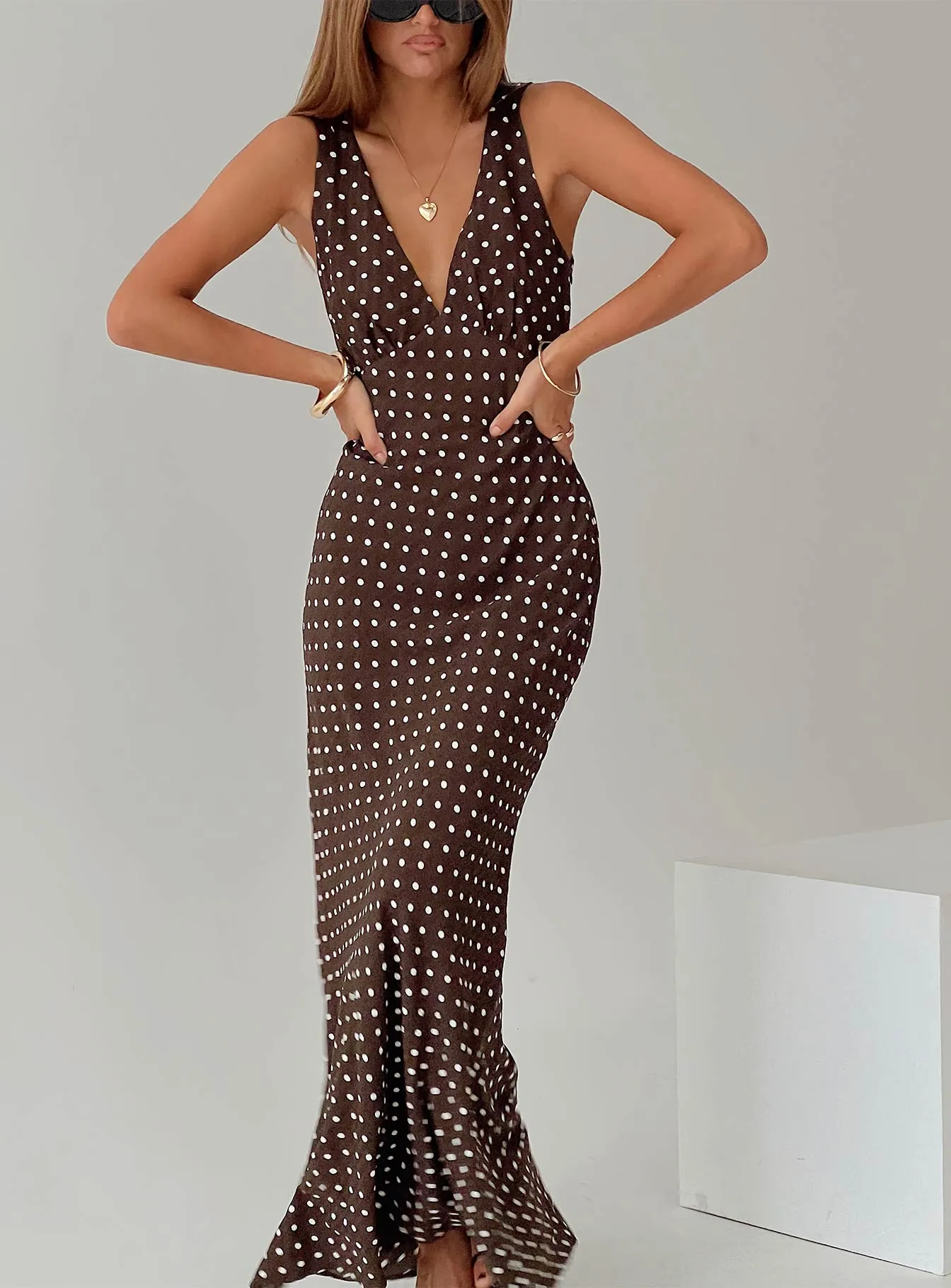 Nellie Maxi Dress Brown Polka Dot Happy Vibe