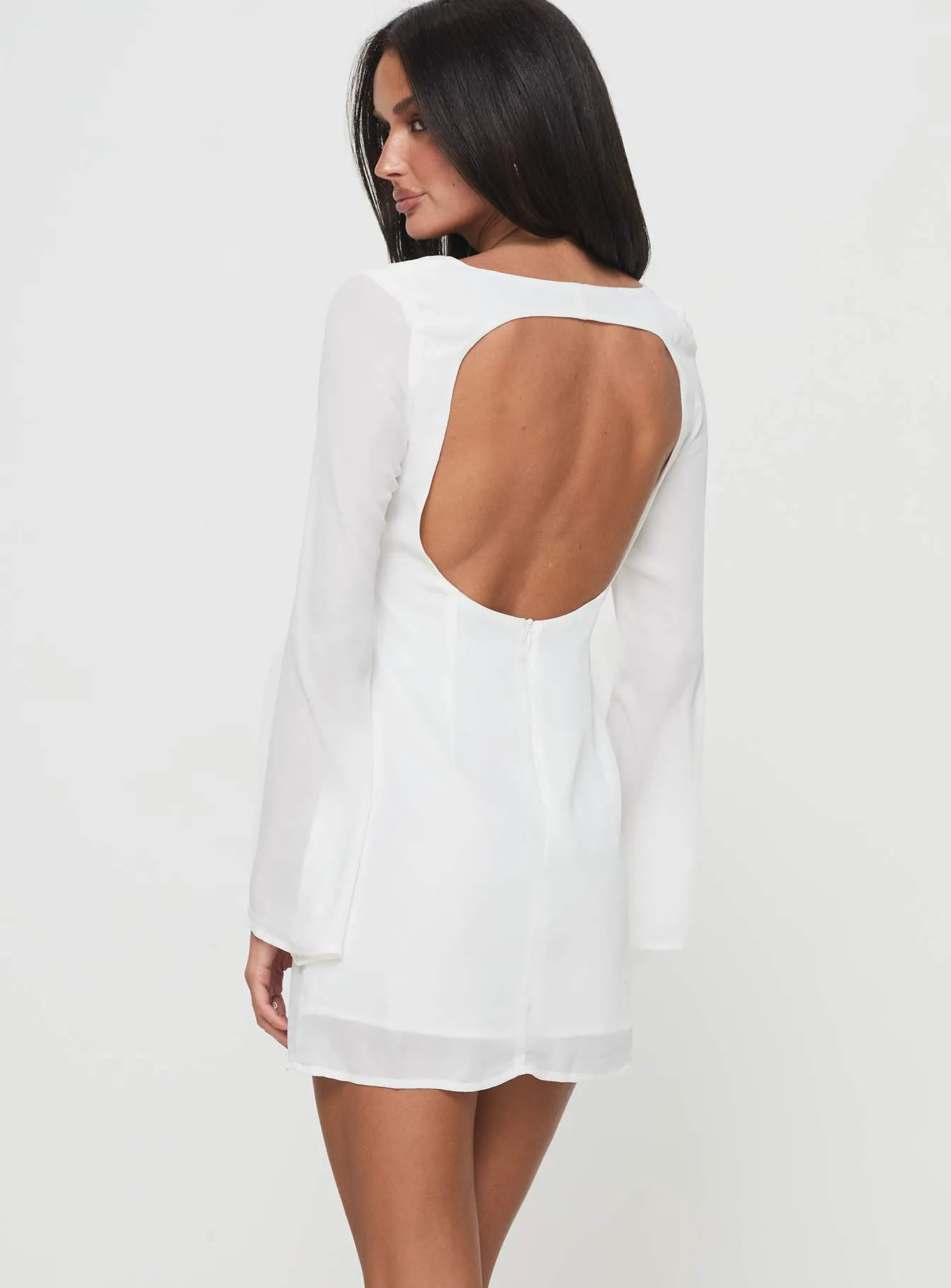Brunet Long Sleeve Mini Dress White Adjustable Waistband Breathable Material