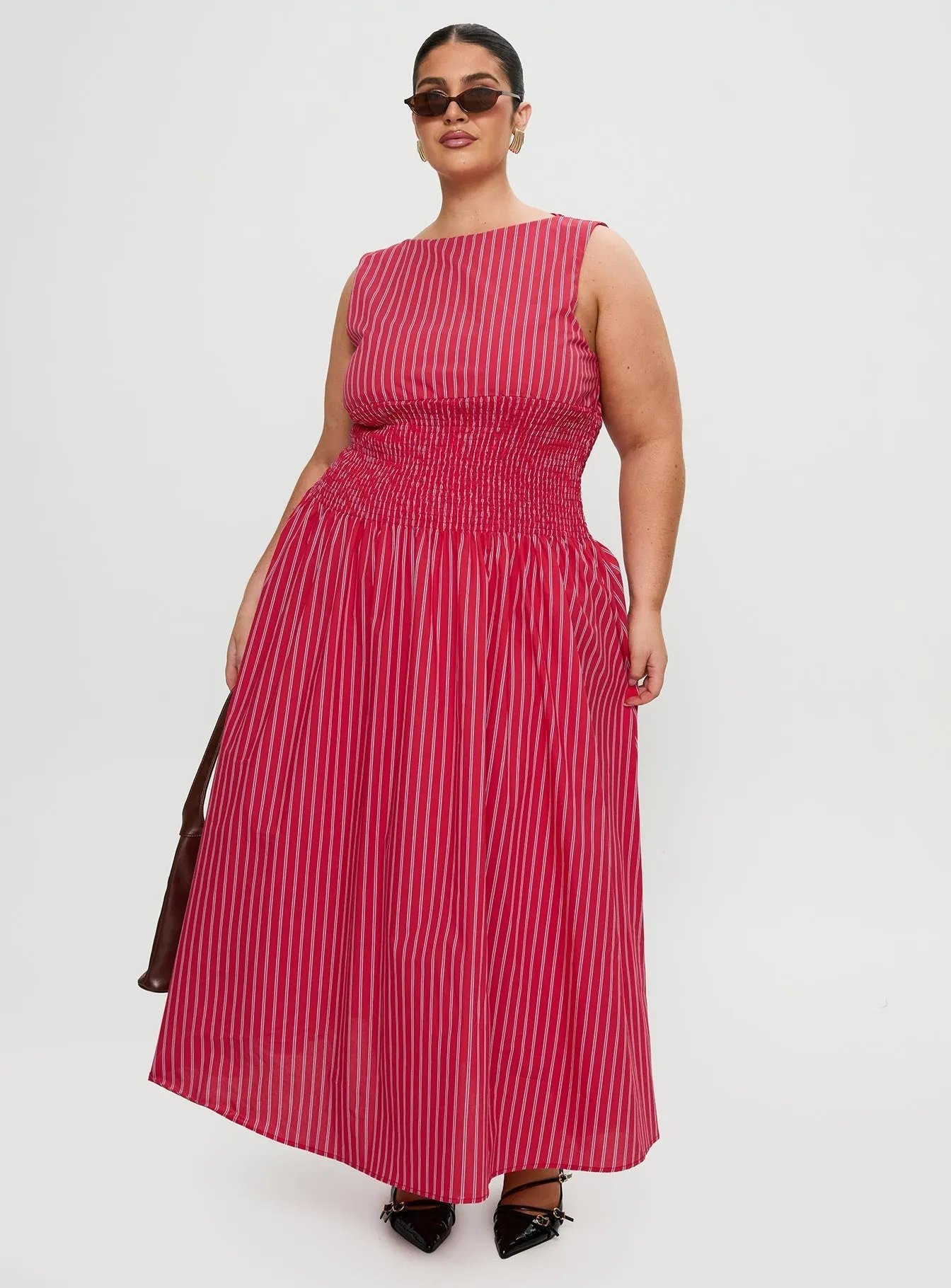 Fashionable long silhouette Lilienne Cotton Poplin Maxi Dress Red Stripe Curve