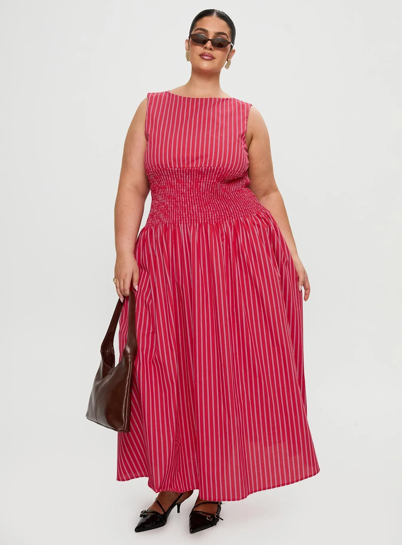 Lilienne Cotton Poplin Maxi Dress Red Stripe Curve Wide Arm