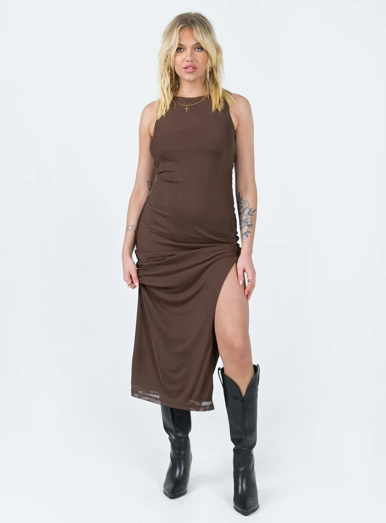 Brenly Mesh Maxi Dress Brown Deep V