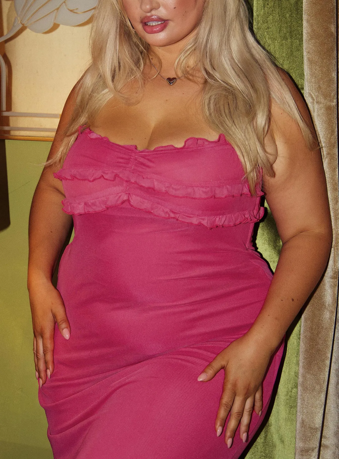 Tillee Mesh Maxi Dress Fuschia Curve Cowl Neck Clear Day