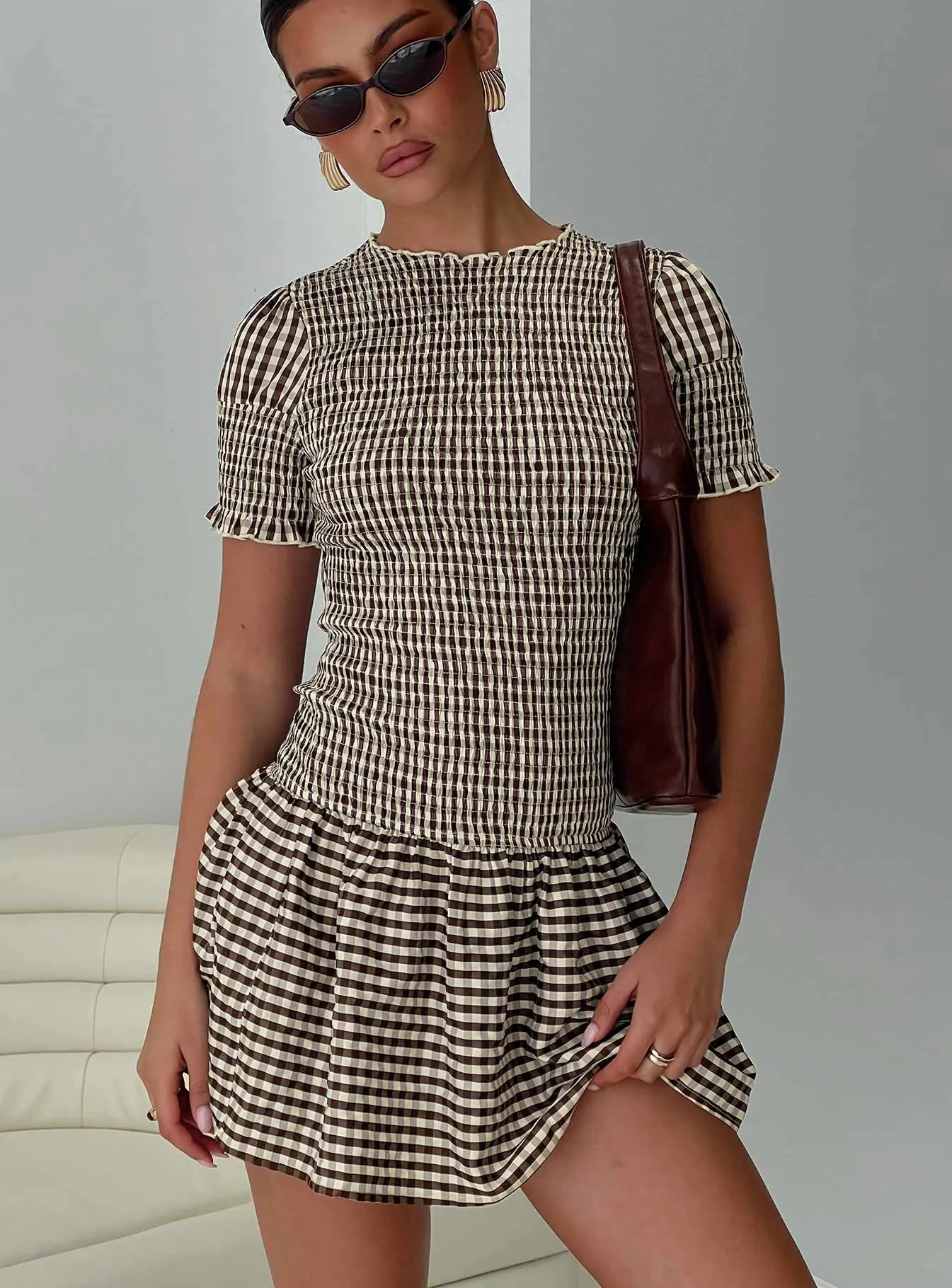 Laurita Shirred Mini Dress Brown Check Tall Vibrant Chic Charming Vibe