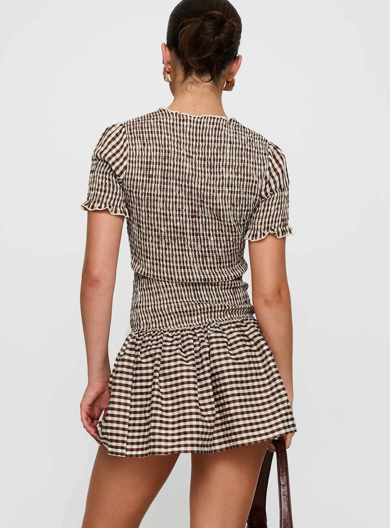 Flash Glow Laurita Shirred Mini Dress Brown Check Tall