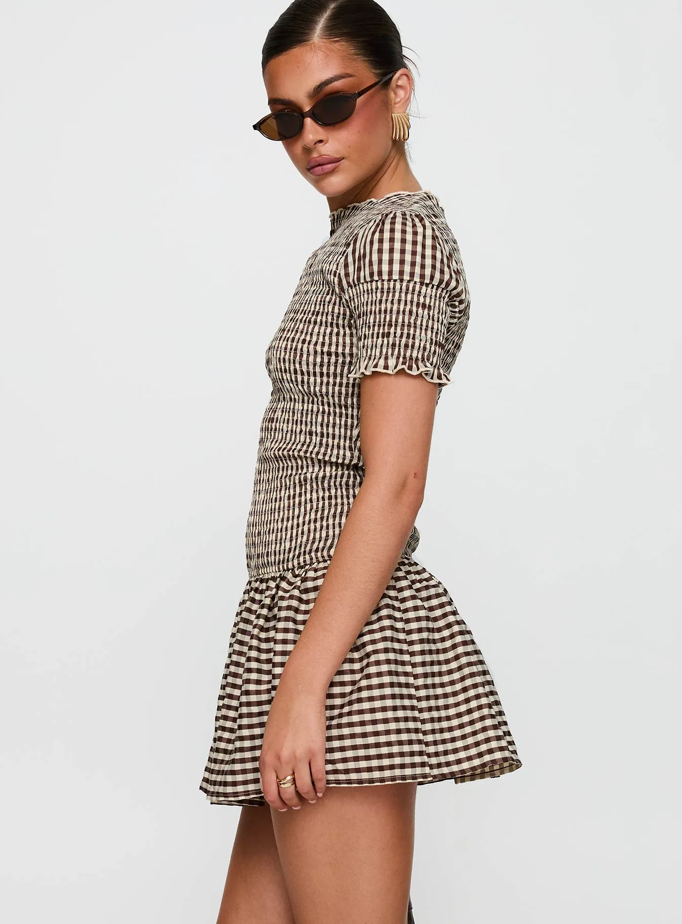 Relaxed Contour Easy Care Fabric Laurita Shirred Mini Dress Brown Check Tall