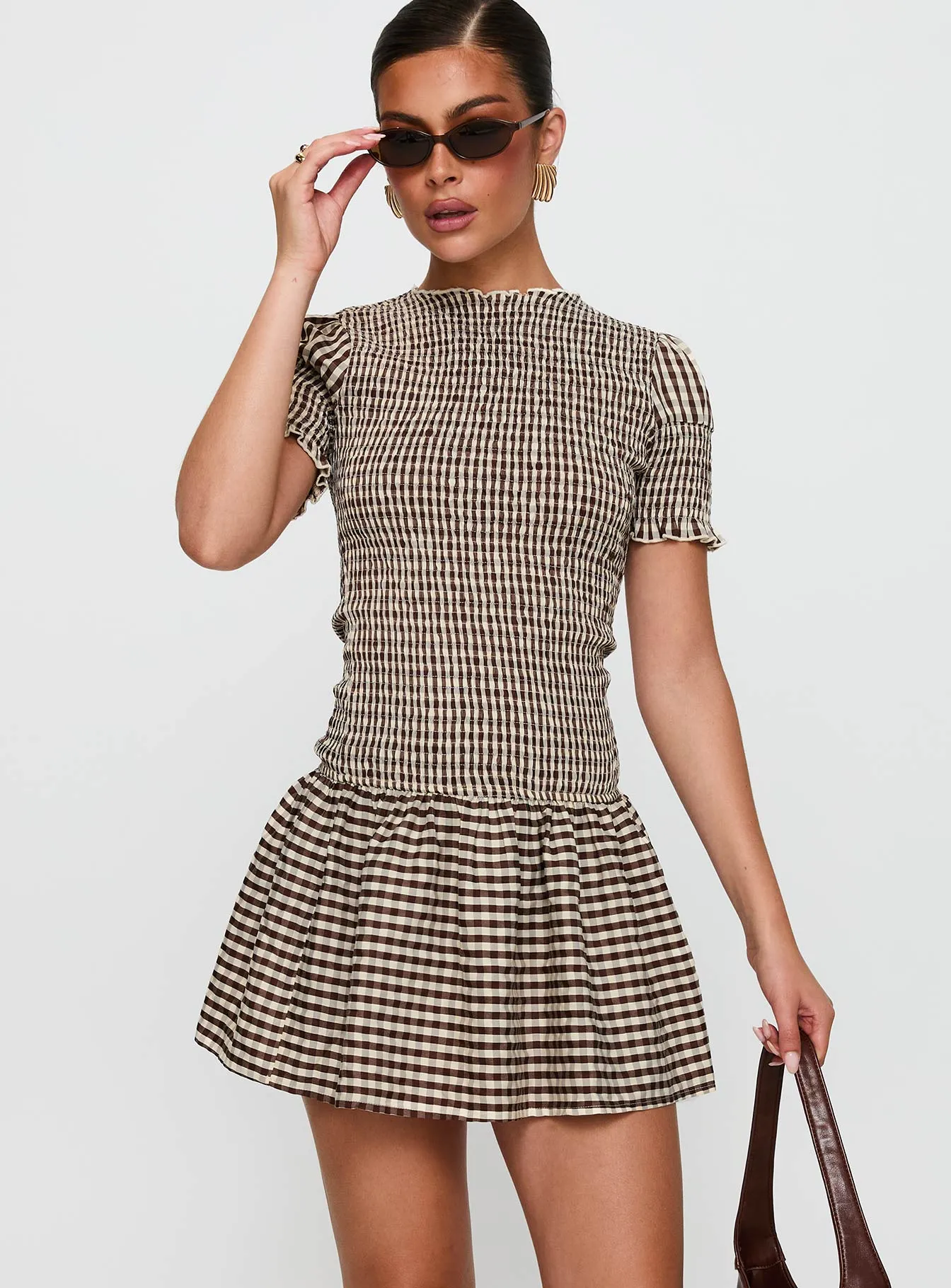 Laurita Shirred Mini Dress Brown Check Tall Hot Warm