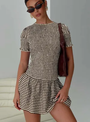 Laurita Shirred Mini Dress Brown Check Tall Vibrant Chic Charming Vibe