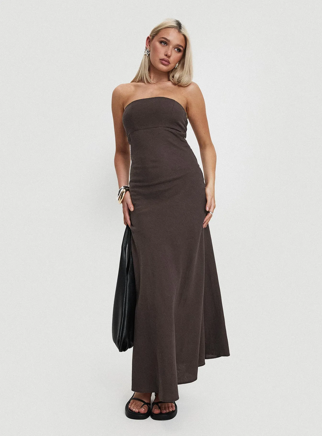 Wheat Field Minimal Line Yahir Strapless Maxi Dress Brown