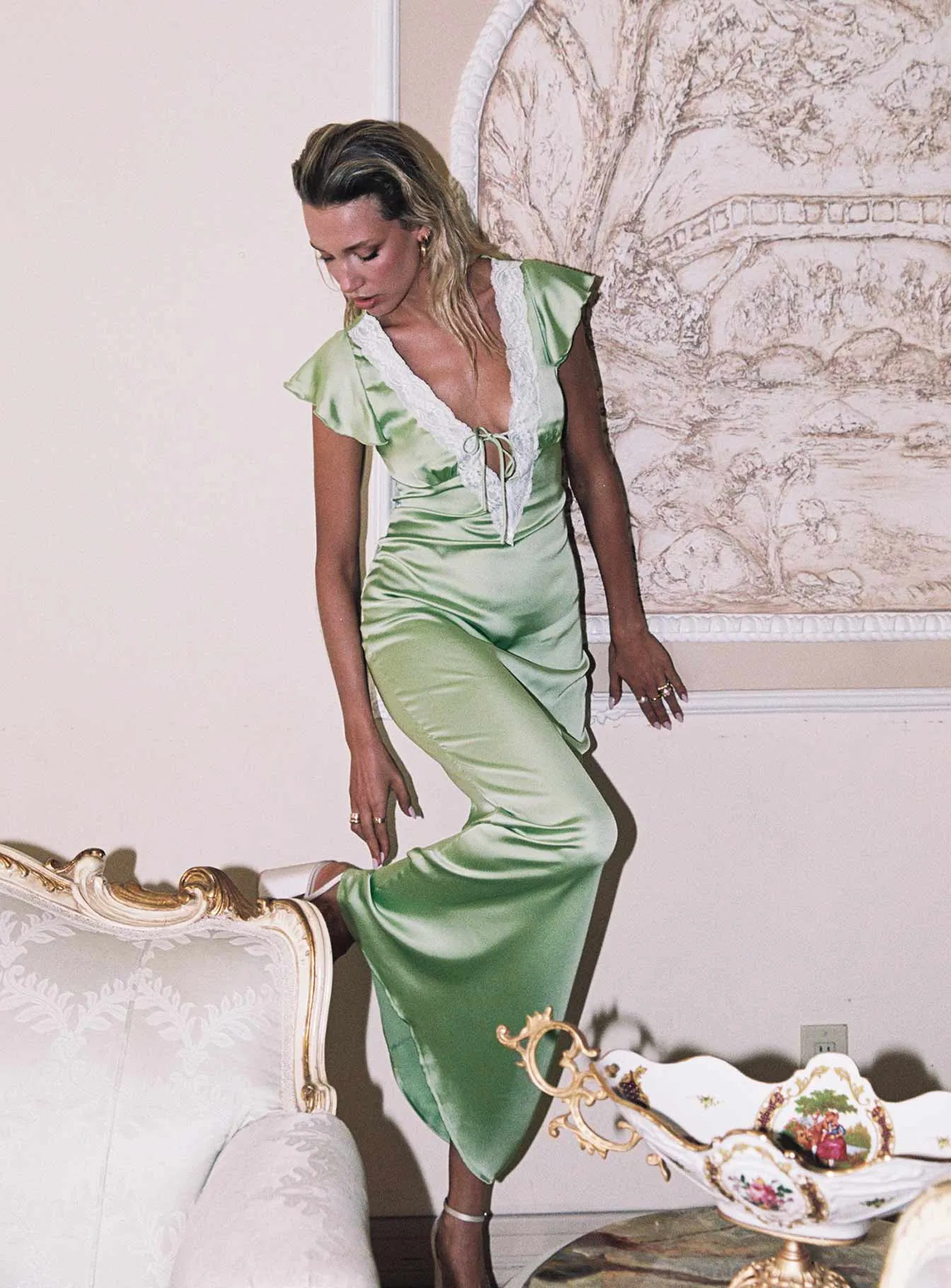 Armas Lace Trim Maxi Dress Green Morning Mist