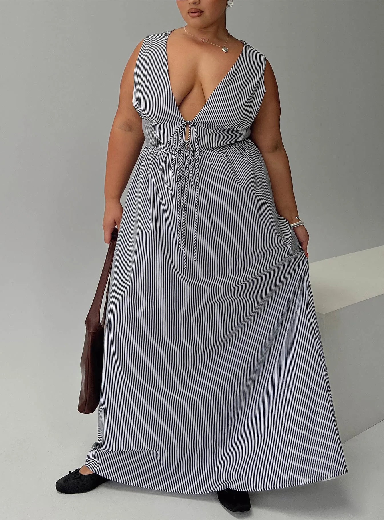 Pokey Maxi Dress Black / White Stripe Curve Ocean Blue Lace Panel