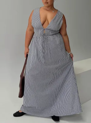 Pokey Maxi Dress Black / White Stripe Curve Ocean Blue Lace Panel