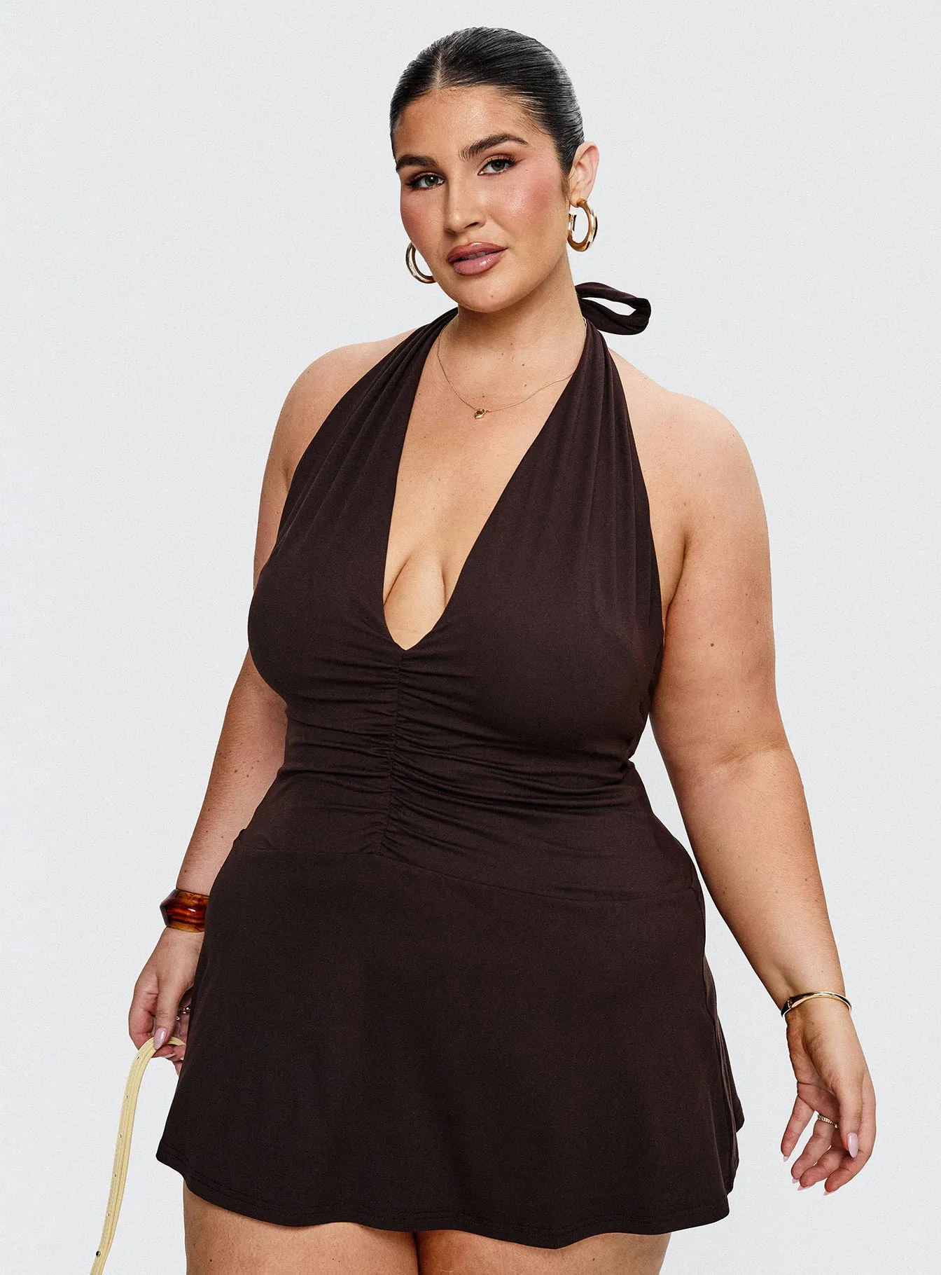 Elastic cuffs Runway Glow Rafelle Halter Mini Dress Brown Curve