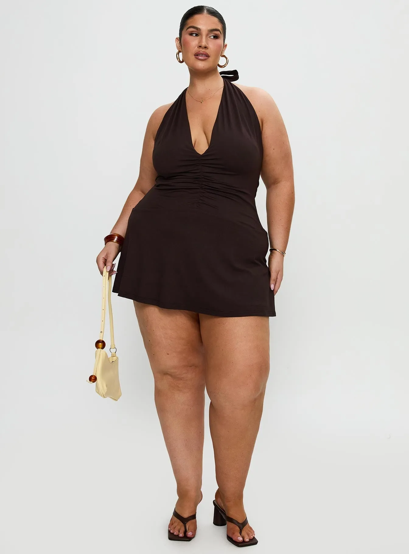 Hot Warm Heat Glow Rafelle Halter Mini Dress Brown Curve