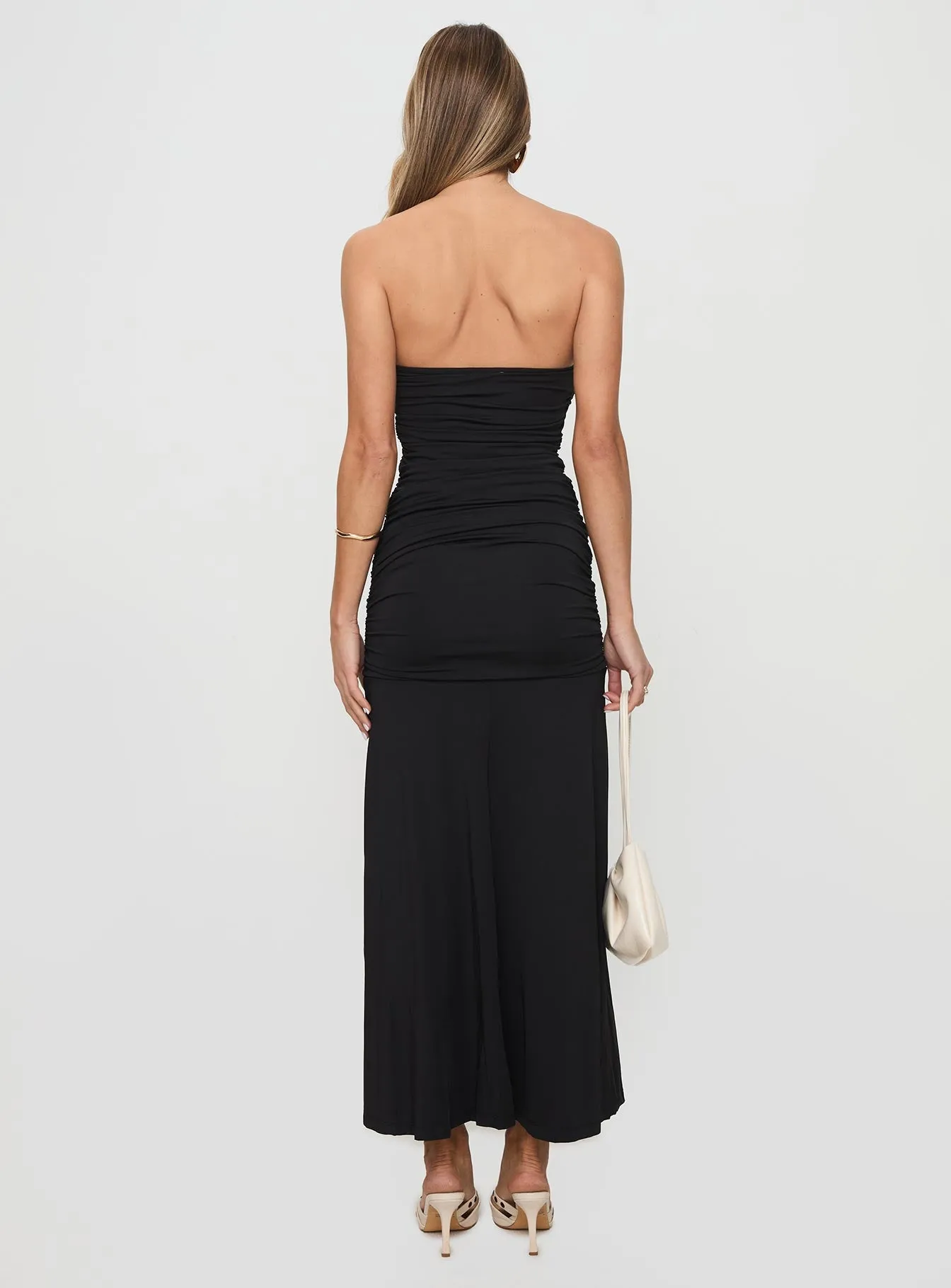 Caymus Strapless Maxi Dress Black Pleat Art Beach Gate