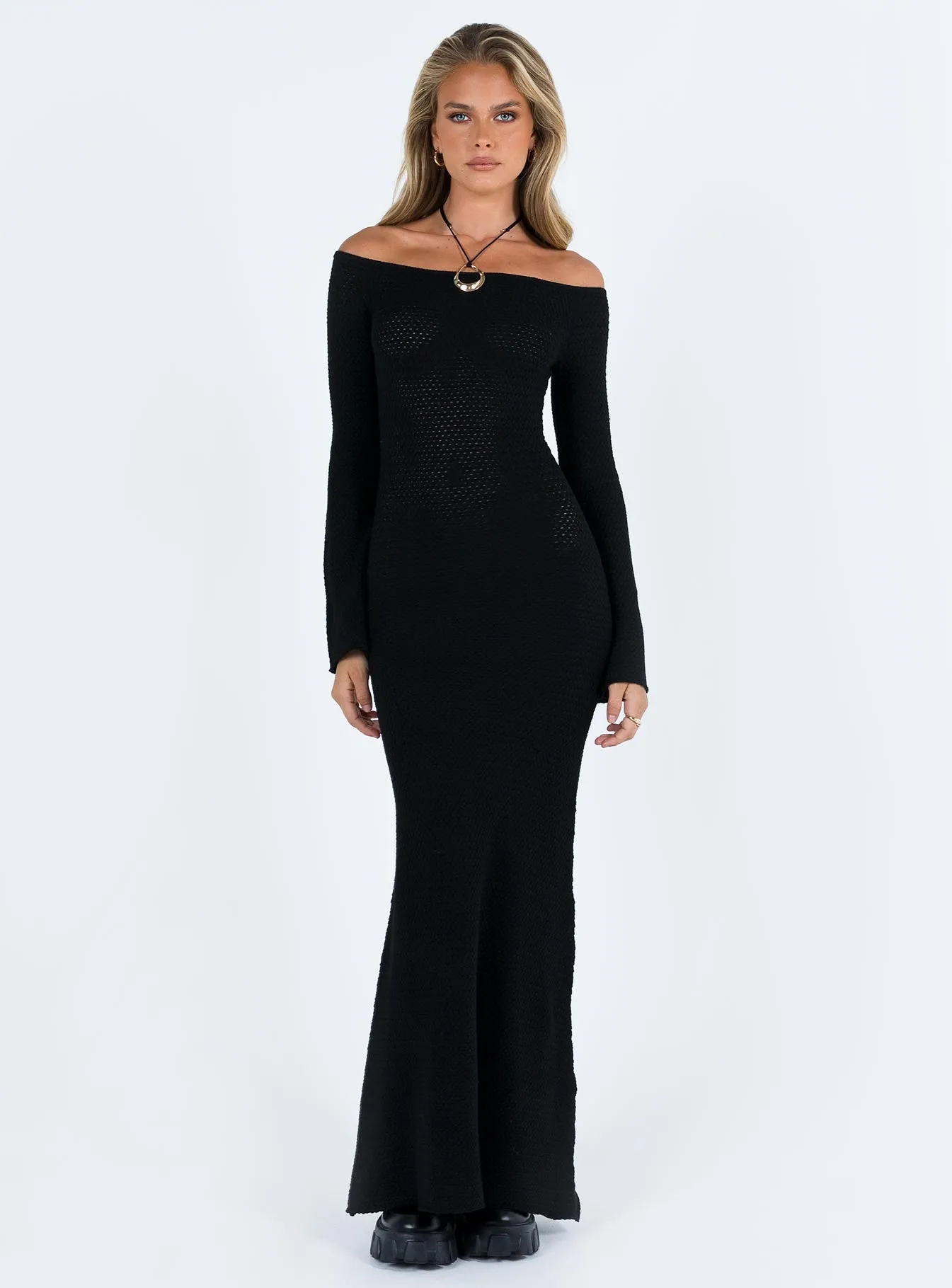Autumn Gold Dune Path Devyn Off The Shoulder Maxi Dress Black