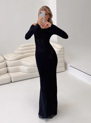 Devyn Off The Shoulder Maxi Dress Black The flattering cut of this dress creates a polished appearance without being overly fussy Fur Trim